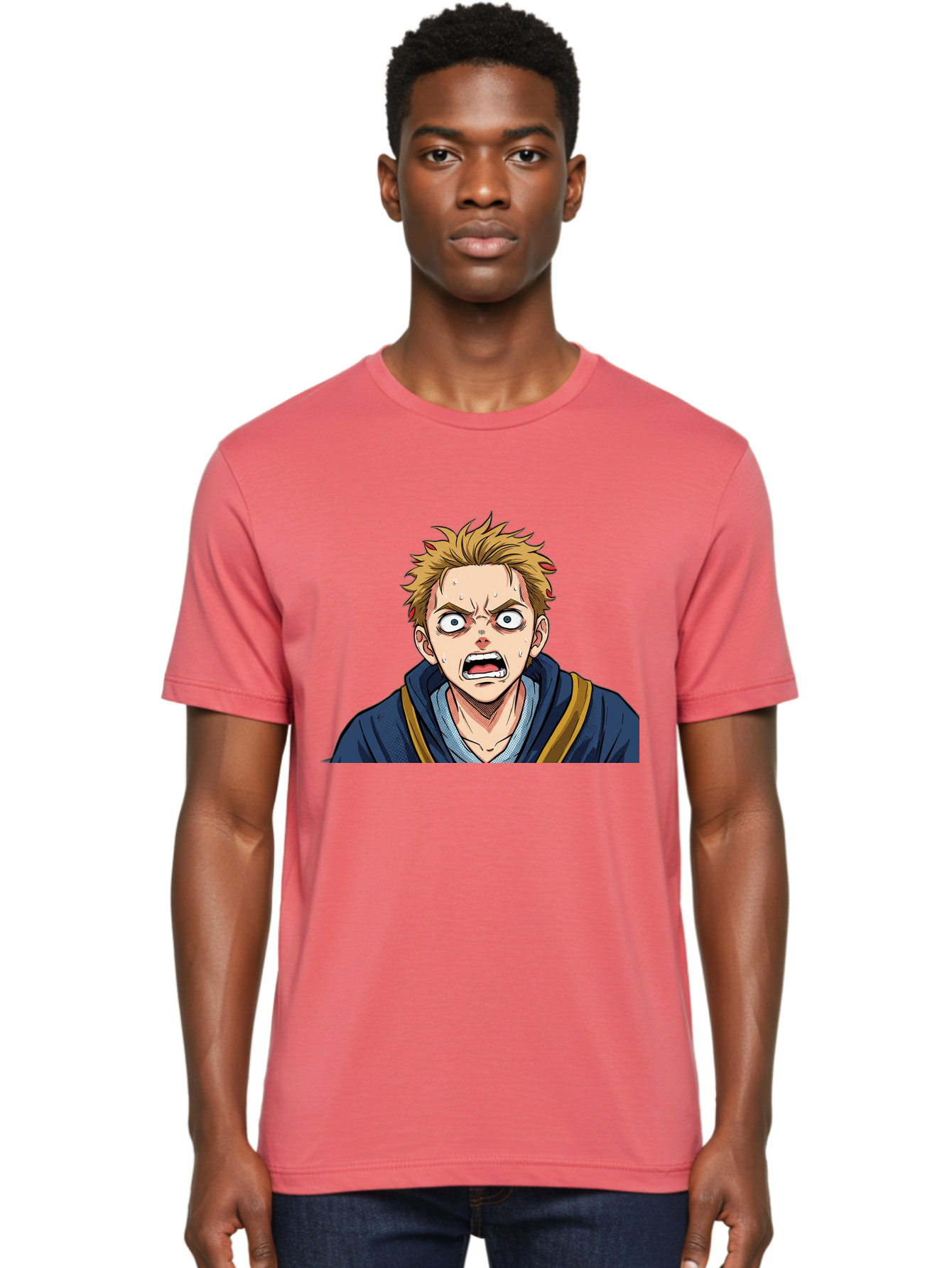 Angry-Anime-Boy Men'S Graphic Tee, 100% Cotton, Comfortable Casual Summer Wear, Machine Washable, Cartoon Character, Young Man, Blond Hair, Blue Hoodie, Shocked Expression, Wide-Eyed, Open-Mouthed, Intense Emotion, Dynamic Pose, Bab644 22