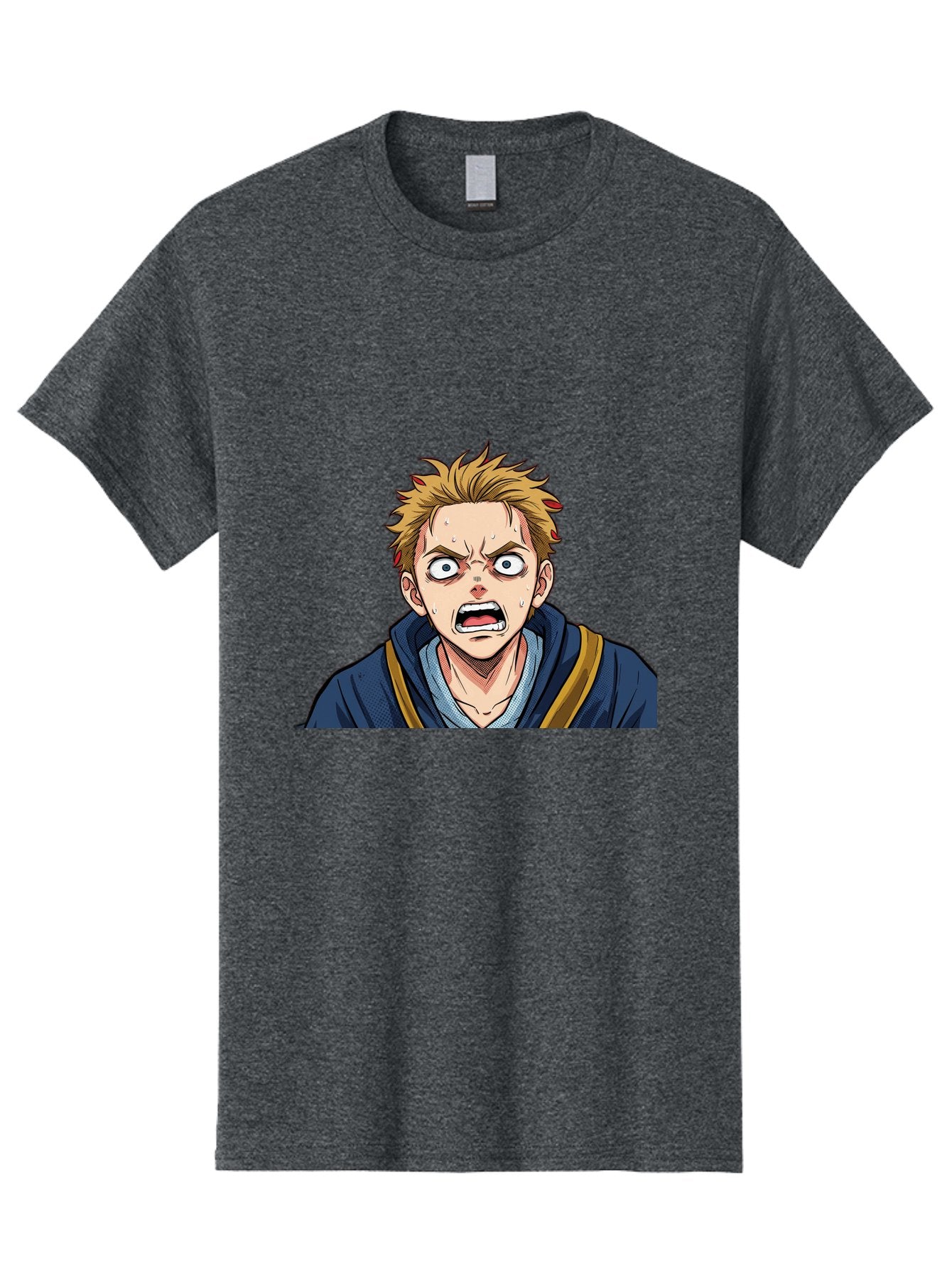 Angry-Anime-Boy Men'S Graphic Tee, 100% Cotton, Comfortable Casual Summer Wear, Machine Washable, Cartoon Character, Young Man, Blond Hair, Blue Hoodie, Shocked Expression, Wide-Eyed, Open-Mouthed, Intense Emotion, Dynamic Pose, Bab644 10