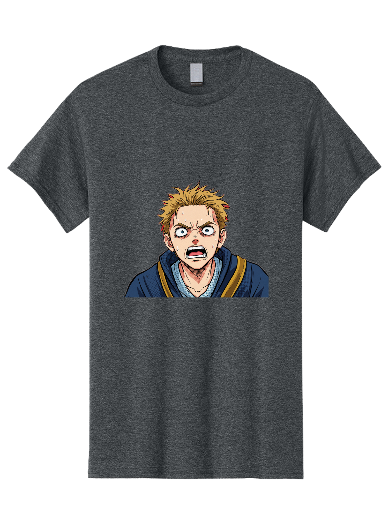 Angry-Anime-Boy Men'S Graphic Tee, 100% Cotton, Comfortable Casual Summer Wear, Machine Washable, Cartoon Character, Young Man, Blond Hair, Blue Hoodie, Shocked Expression, Wide-Eyed, Open-Mouthed, Intense Emotion, Dynamic Pose, Bab644 14