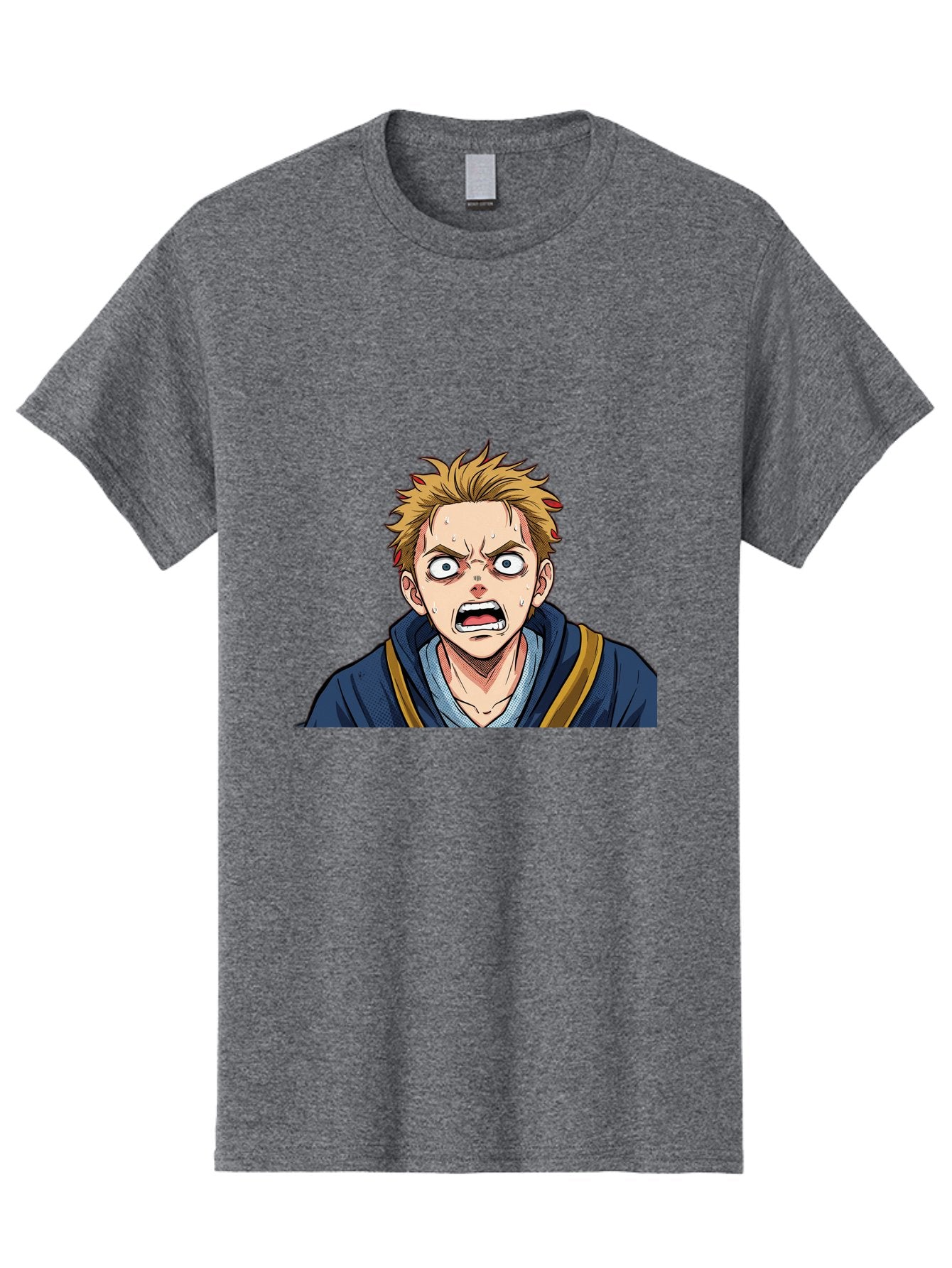 Angry-Anime-Boy Men'S Graphic Tee, 100% Cotton, Comfortable Casual Summer Wear, Machine Washable, Cartoon Character, Young Man, Blond Hair, Blue Hoodie, Shocked Expression, Wide-Eyed, Open-Mouthed, Intense Emotion, Dynamic Pose, Bab644 14