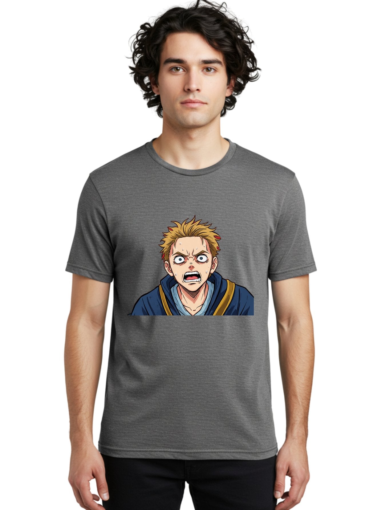 Angry-Anime-Boy Men'S Graphic Tee, 100% Cotton, Comfortable Casual Summer Wear, Machine Washable, Cartoon Character, Young Man, Blond Hair, Blue Hoodie, Shocked Expression, Wide-Eyed, Open-Mouthed, Intense Emotion, Dynamic Pose, Bab644 29