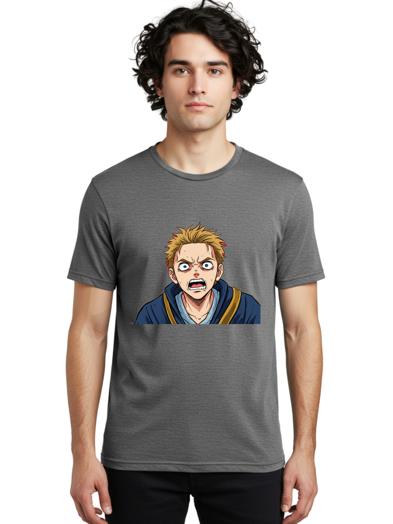 Angry-Anime-Boy Men'S Graphic Tee, 100% Cotton, Comfortable Casual Summer Wear, Machine Washable, Cartoon Character, Young Man, Blond Hair, Blue Hoodie, Shocked Expression, Wide-Eyed, Open-Mouthed, Intense Emotion, Dynamic Pose, Bab644 17