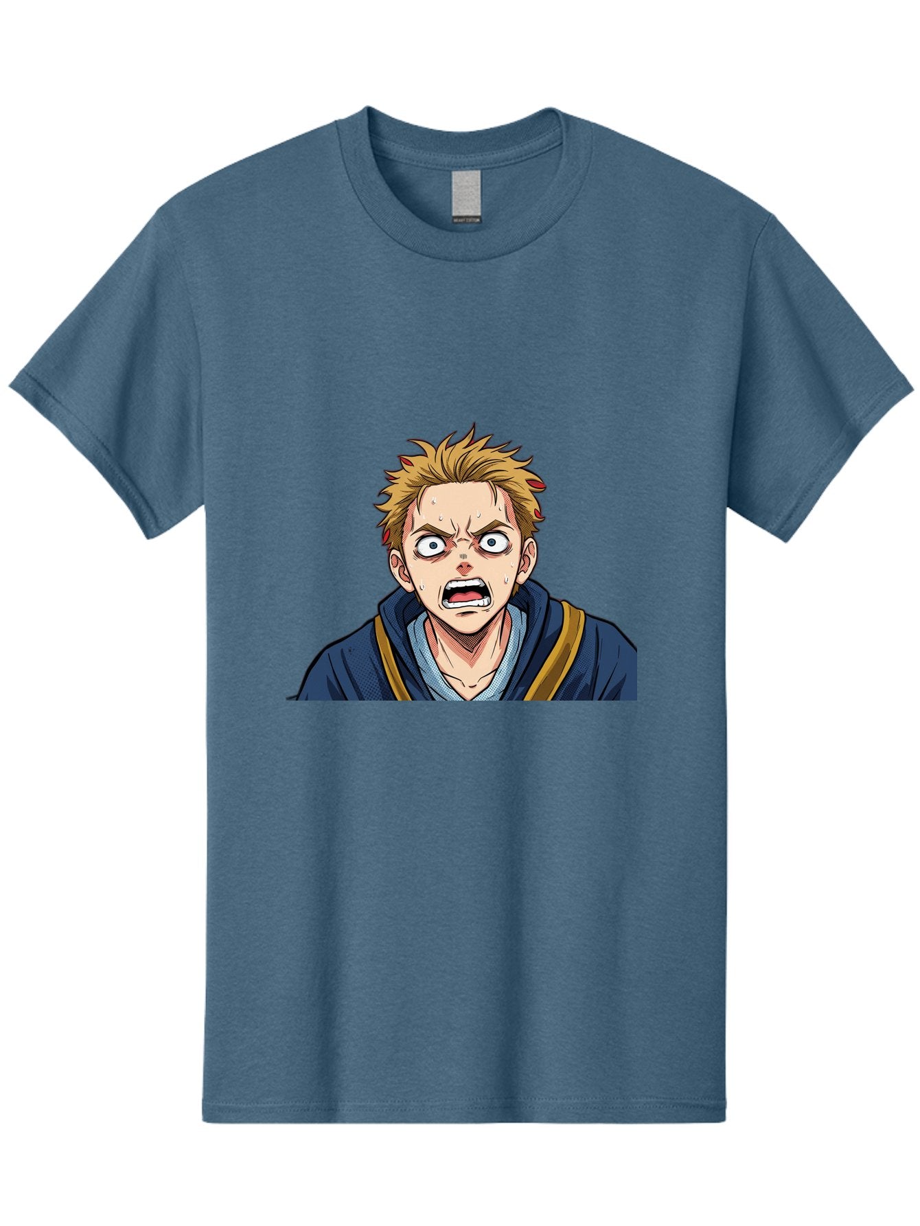 Angry-Anime-Boy Men'S Graphic Tee, 100% Cotton, Comfortable Casual Summer Wear, Machine Washable, Cartoon Character, Young Man, Blond Hair, Blue Hoodie, Shocked Expression, Wide-Eyed, Open-Mouthed, Intense Emotion, Dynamic Pose, Bab644