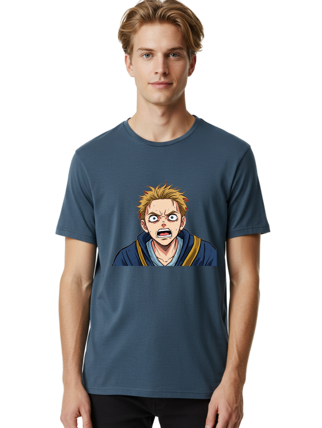 Angry-Anime-Boy Men'S Graphic Tee, 100% Cotton, Comfortable Casual Summer Wear, Machine Washable, Cartoon Character, Young Man, Blond Hair, Blue Hoodie, Shocked Expression, Wide-Eyed, Open-Mouthed, Intense Emotion, Dynamic Pose, Bab644 26