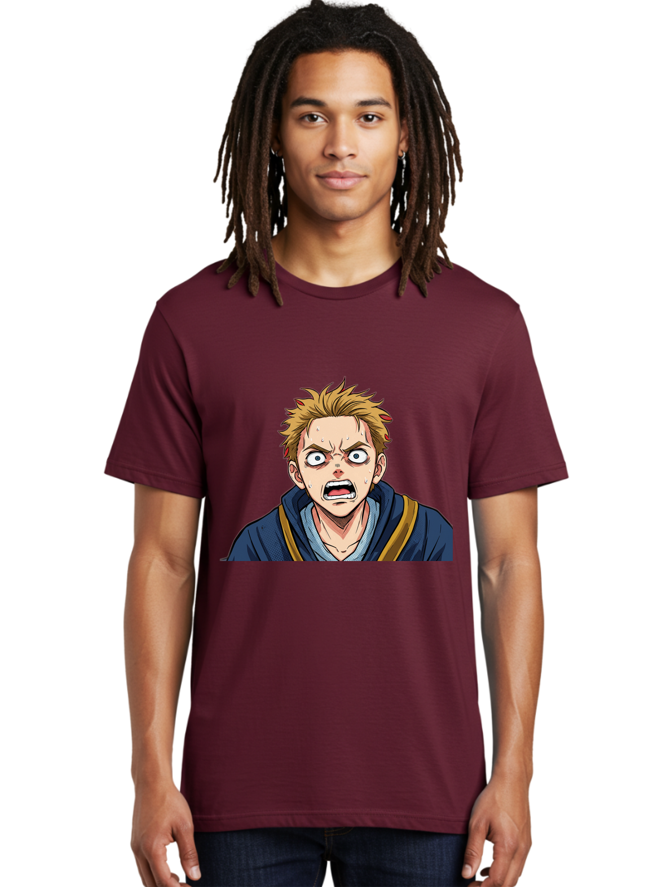 Angry-Anime-Boy Men'S Graphic Tee, 100% Cotton, Comfortable Casual Summer Wear, Machine Washable, Cartoon Character, Young Man, Blond Hair, Blue Hoodie, Shocked Expression, Wide-Eyed, Open-Mouthed, Intense Emotion, Dynamic Pose, Bab644 27