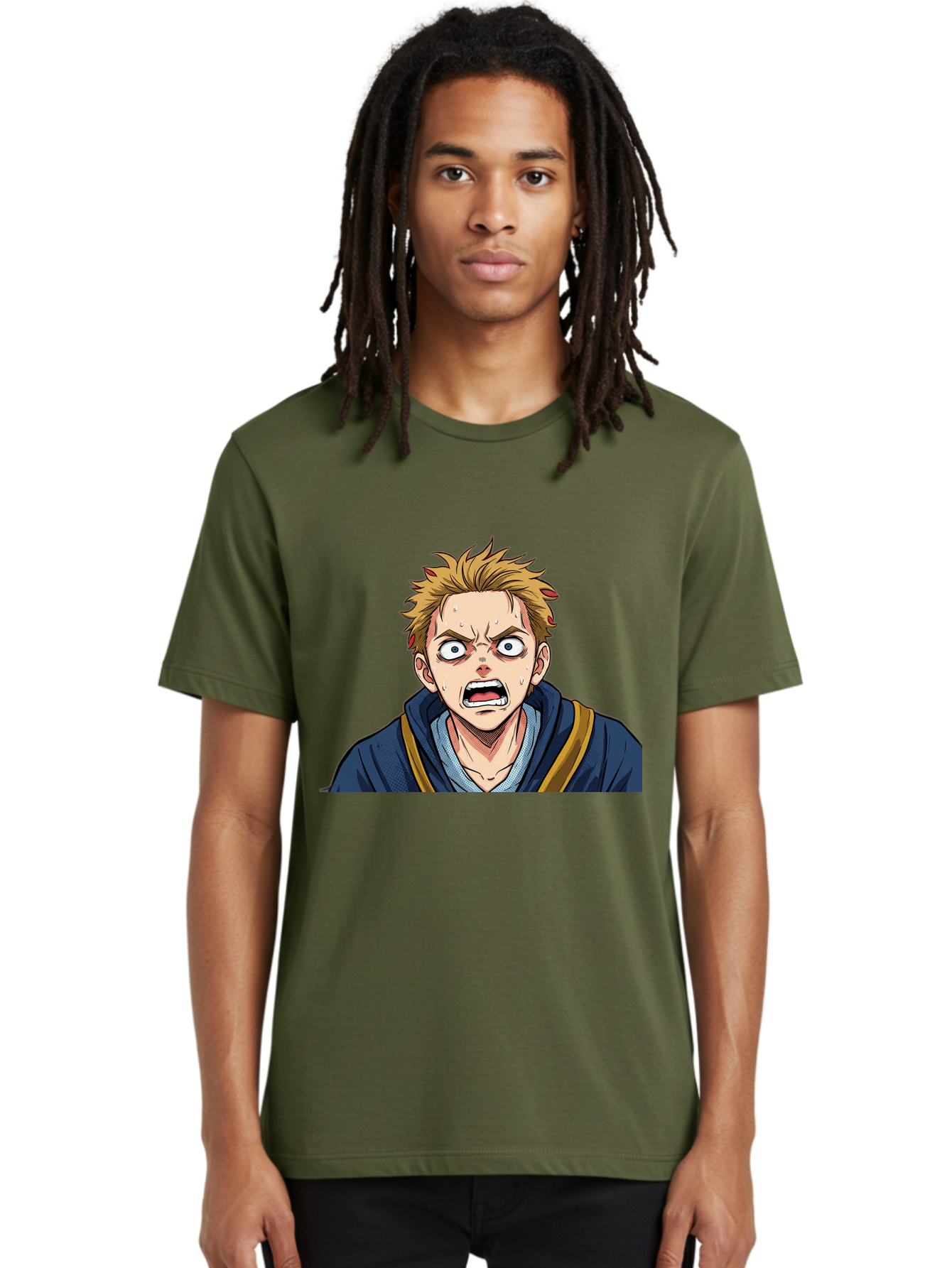 Angry-Anime-Boy Men'S Graphic Tee, 100% Cotton, Comfortable Casual Summer Wear, Machine Washable, Cartoon Character, Young Man, Blond Hair, Blue Hoodie, Shocked Expression, Wide-Eyed, Open-Mouthed, Intense Emotion, Dynamic Pose, Bab644 23