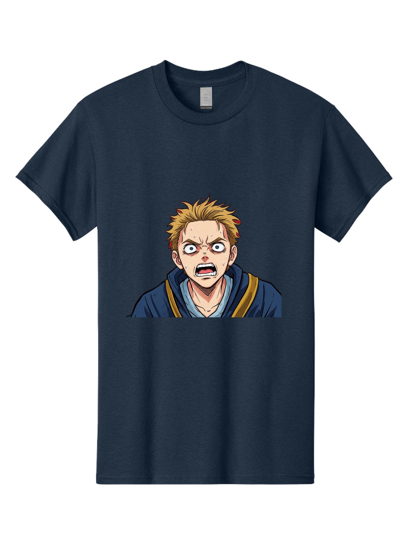 Angry-Anime-Boy Men'S Graphic Tee, 100% Cotton, Comfortable Casual Summer Wear, Machine Washable, Cartoon Character, Young Man, Blond Hair, Blue Hoodie, Shocked Expression, Wide-Eyed, Open-Mouthed, Intense Emotion, Dynamic Pose, Bab644 12