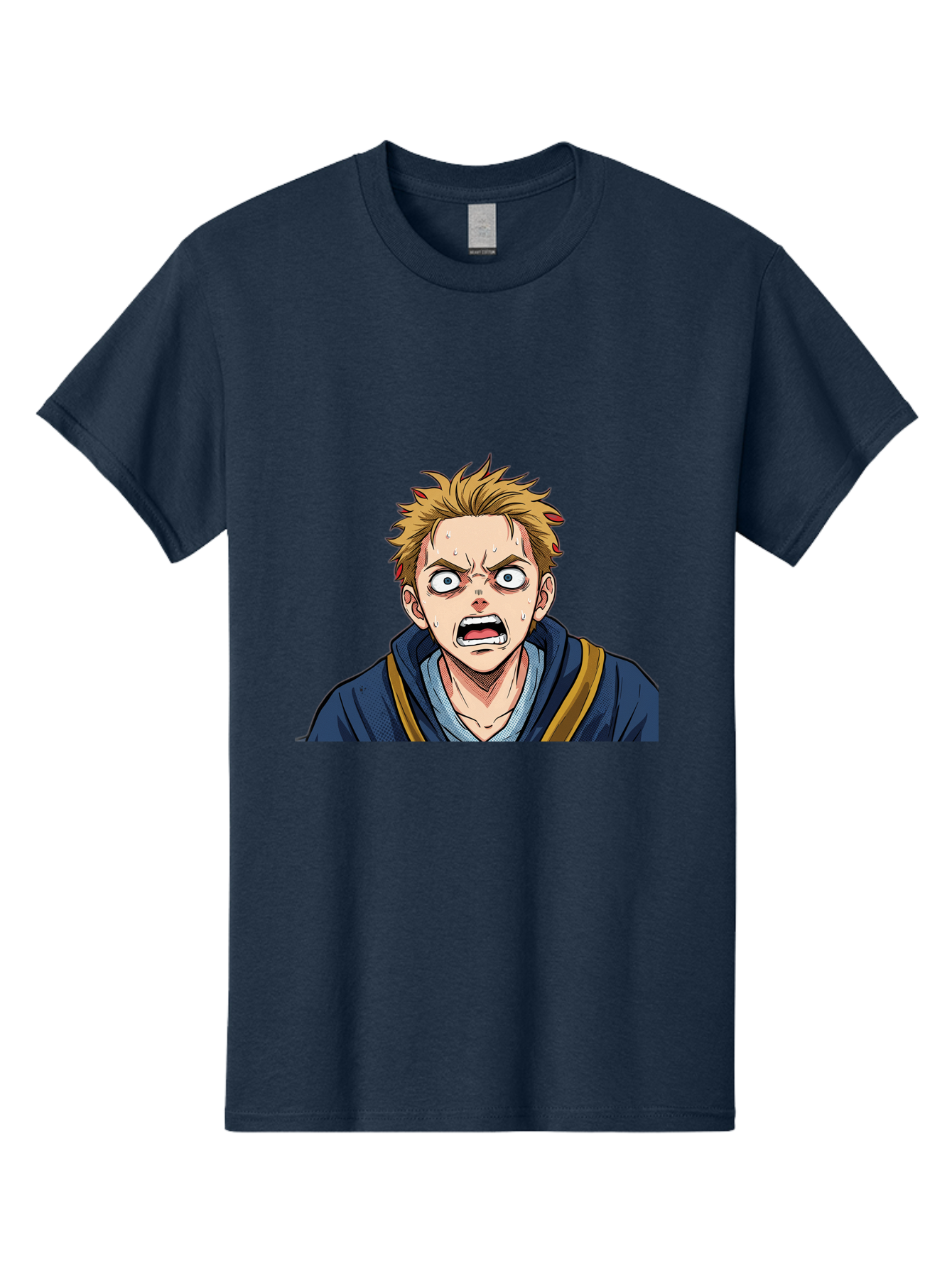 Angry-Anime-Boy Men'S Graphic Tee, 100% Cotton, Comfortable Casual Summer Wear, Machine Washable, Cartoon Character, Young Man, Blond Hair, Blue Hoodie, Shocked Expression, Wide-Eyed, Open-Mouthed, Intense Emotion, Dynamic Pose, Bab644 3