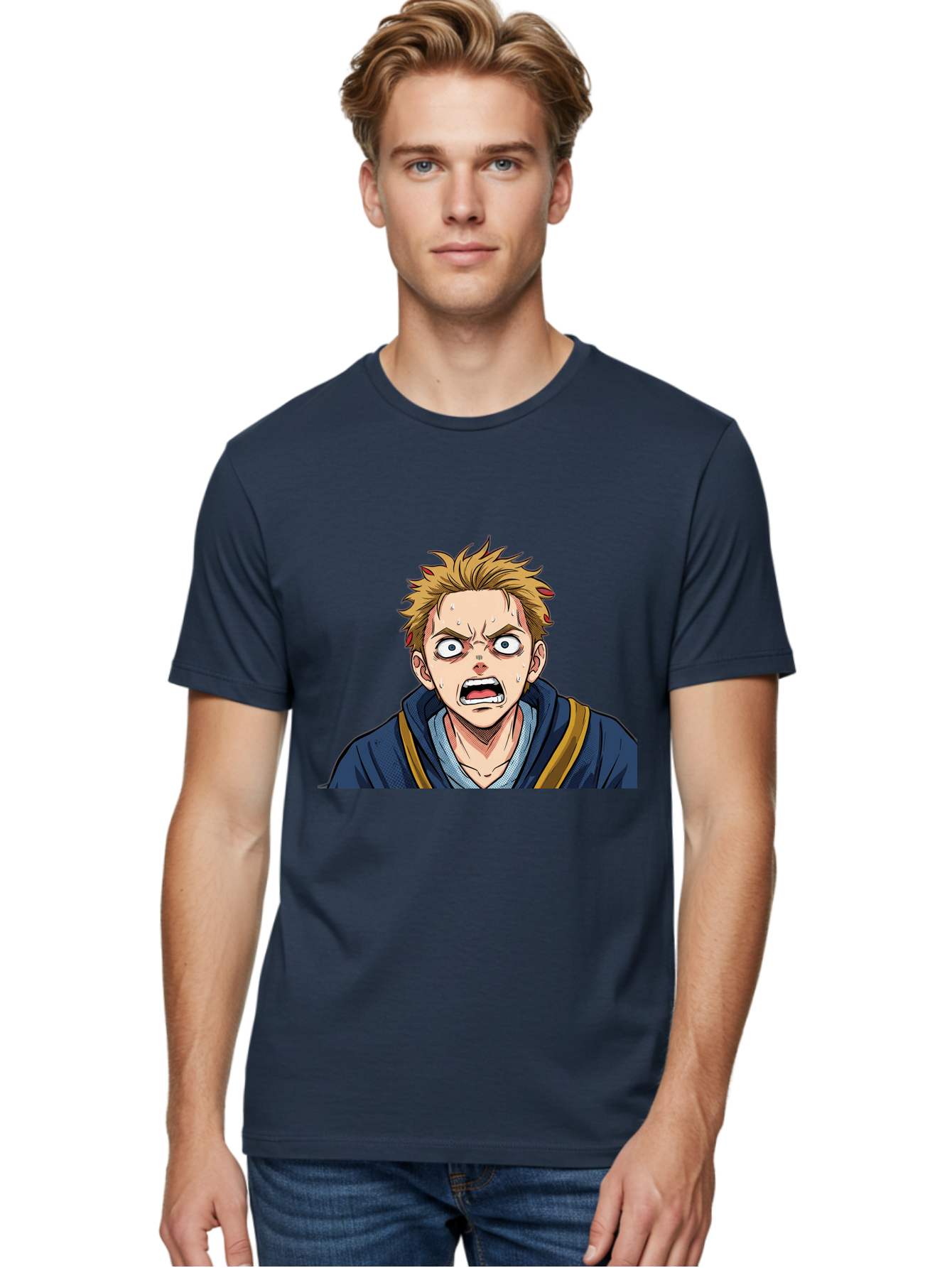 Angry-Anime-Boy Men'S Graphic Tee, 100% Cotton, Comfortable Casual Summer Wear, Machine Washable, Cartoon Character, Young Man, Blond Hair, Blue Hoodie, Shocked Expression, Wide-Eyed, Open-Mouthed, Intense Emotion, Dynamic Pose, Bab644 18