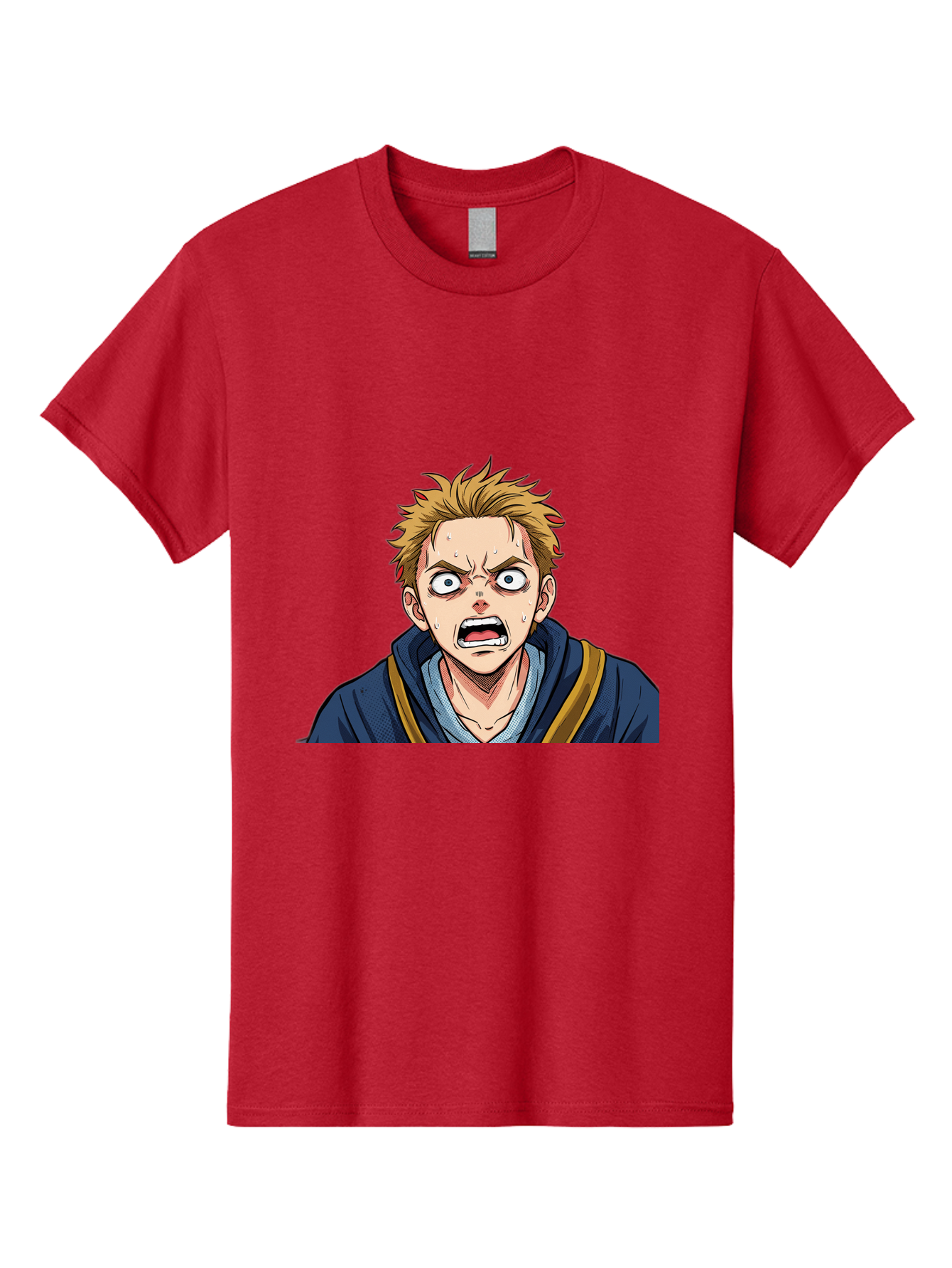 Angry-Anime-Boy Men'S Graphic Tee, 100% Cotton, Comfortable Casual Summer Wear, Machine Washable, Cartoon Character, Young Man, Blond Hair, Blue Hoodie, Shocked Expression, Wide-Eyed, Open-Mouthed, Intense Emotion, Dynamic Pose, Bab644