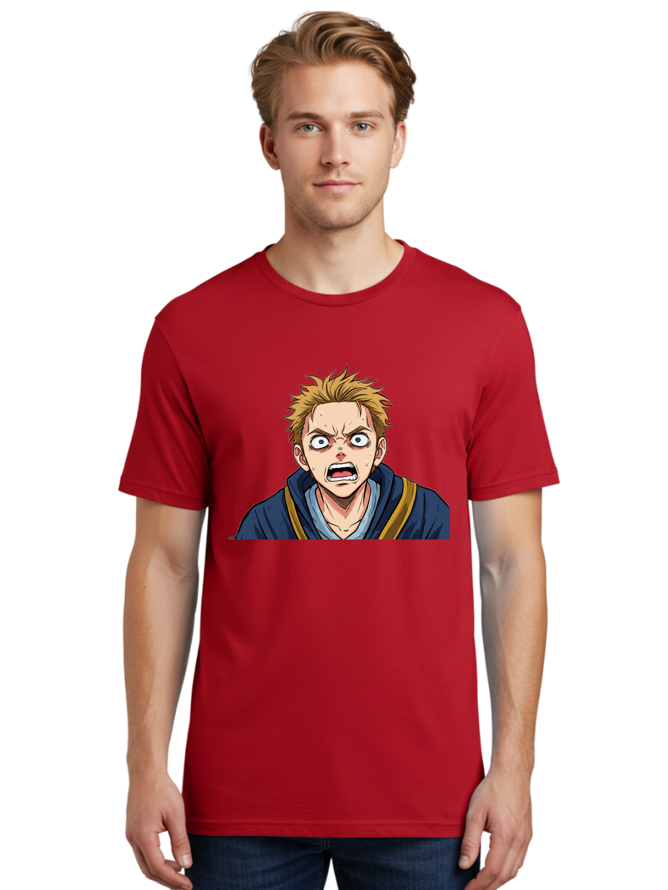 Angry-Anime-Boy Men'S Graphic Tee, 100% Cotton, Comfortable Casual Summer Wear, Machine Washable, Cartoon Character, Young Man, Blond Hair, Blue Hoodie, Shocked Expression, Wide-Eyed, Open-Mouthed, Intense Emotion, Dynamic Pose, Bab644 16