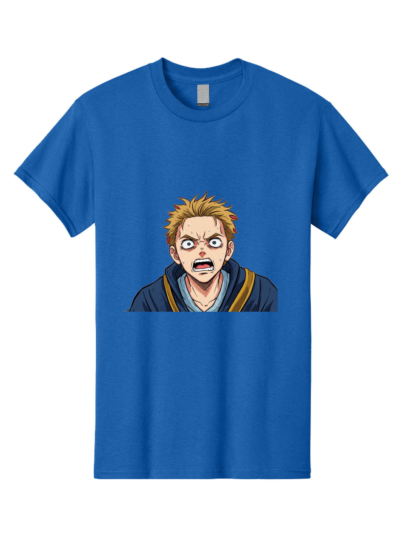 Angry-Anime-Boy Men'S Graphic Tee, 100% Cotton, Comfortable Casual Summer Wear, Machine Washable, Cartoon Character, Young Man, Blond Hair, Blue Hoodie, Shocked Expression, Wide-Eyed, Open-Mouthed, Intense Emotion, Dynamic Pose, Bab644 15