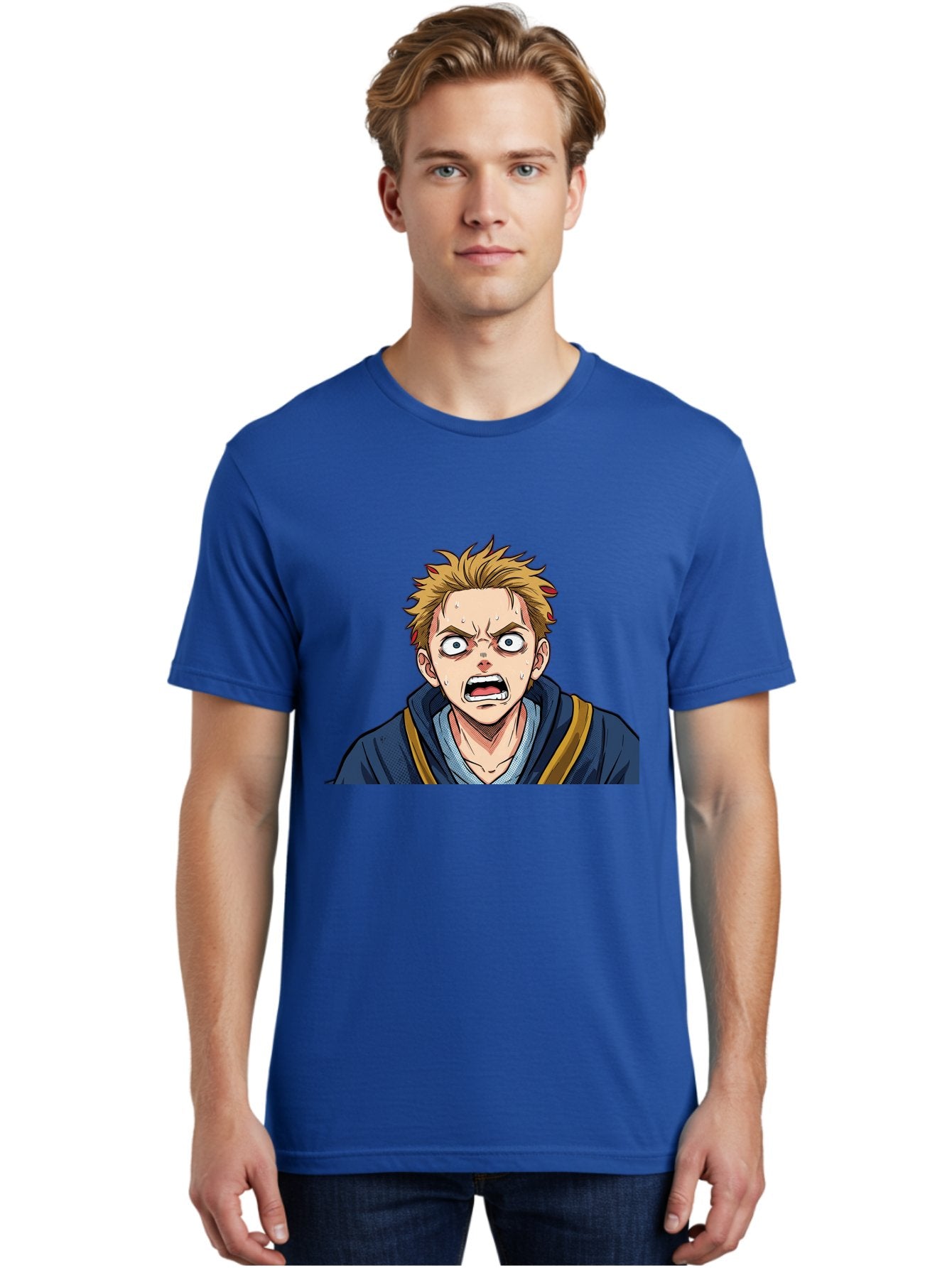 Angry-Anime-Boy Men'S Graphic Tee, 100% Cotton, Comfortable Casual Summer Wear, Machine Washable, Cartoon Character, Young Man, Blond Hair, Blue Hoodie, Shocked Expression, Wide-Eyed, Open-Mouthed, Intense Emotion, Dynamic Pose, Bab644 20