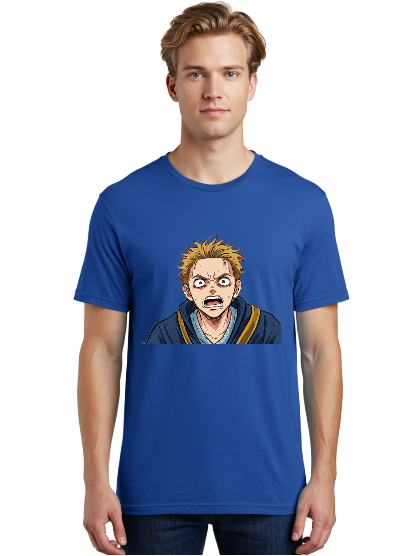Angry-Anime-Boy Men'S Graphic Tee, 100% Cotton, Comfortable Casual Summer Wear, Machine Washable, Cartoon Character, Young Man, Blond Hair, Blue Hoodie, Shocked Expression, Wide-Eyed, Open-Mouthed, Intense Emotion, Dynamic Pose, Bab644 30