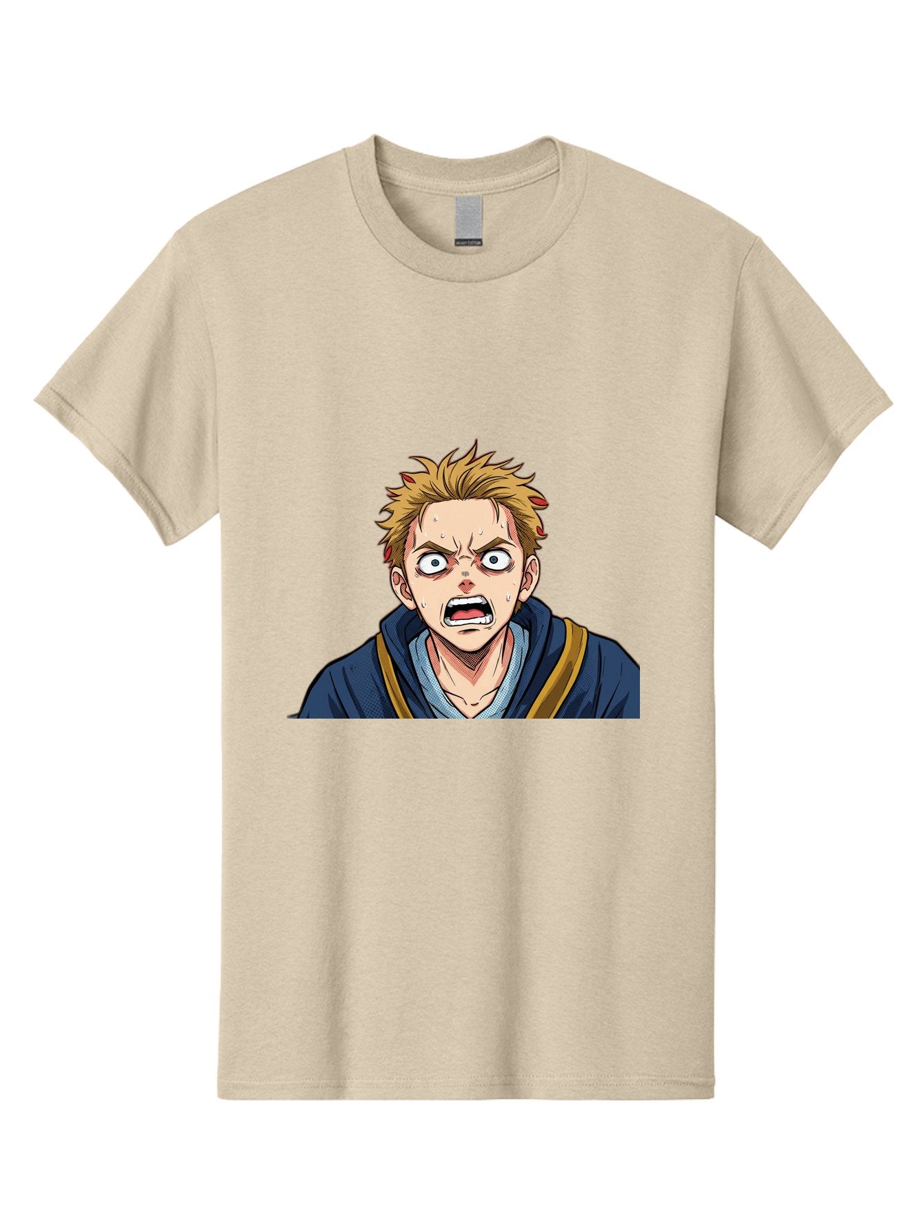 Angry-Anime-Boy Men'S Graphic Tee, 100% Cotton, Comfortable Casual Summer Wear, Machine Washable, Cartoon Character, Young Man, Blond Hair, Blue Hoodie, Shocked Expression, Wide-Eyed, Open-Mouthed, Intense Emotion, Dynamic Pose, Bab644