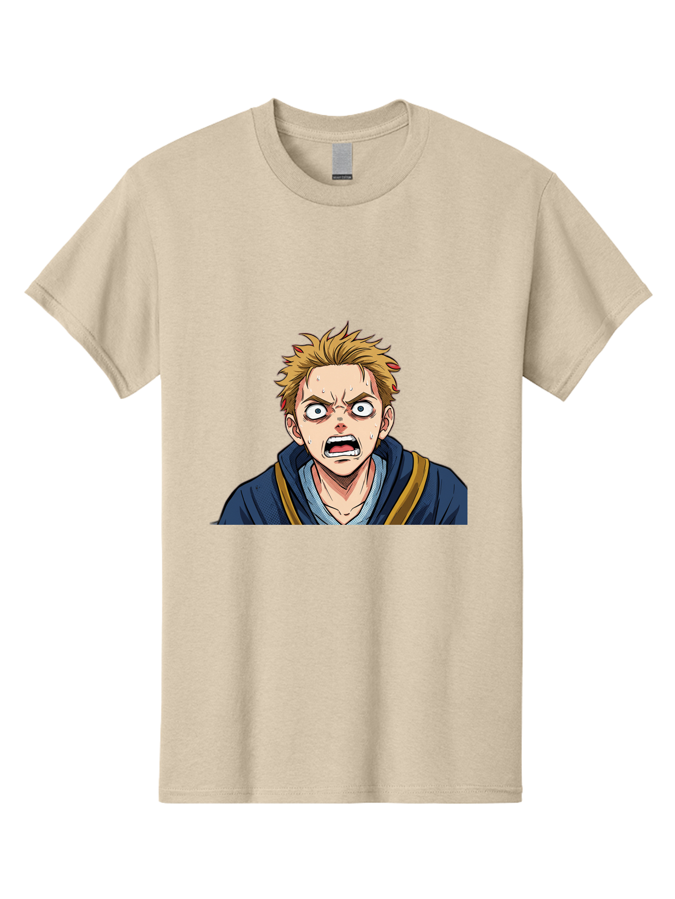 Angry-Anime-Boy Men'S Graphic Tee, 100% Cotton, Comfortable Casual Summer Wear, Machine Washable, Cartoon Character, Young Man, Blond Hair, Blue Hoodie, Shocked Expression, Wide-Eyed, Open-Mouthed, Intense Emotion, Dynamic Pose, Bab644 10