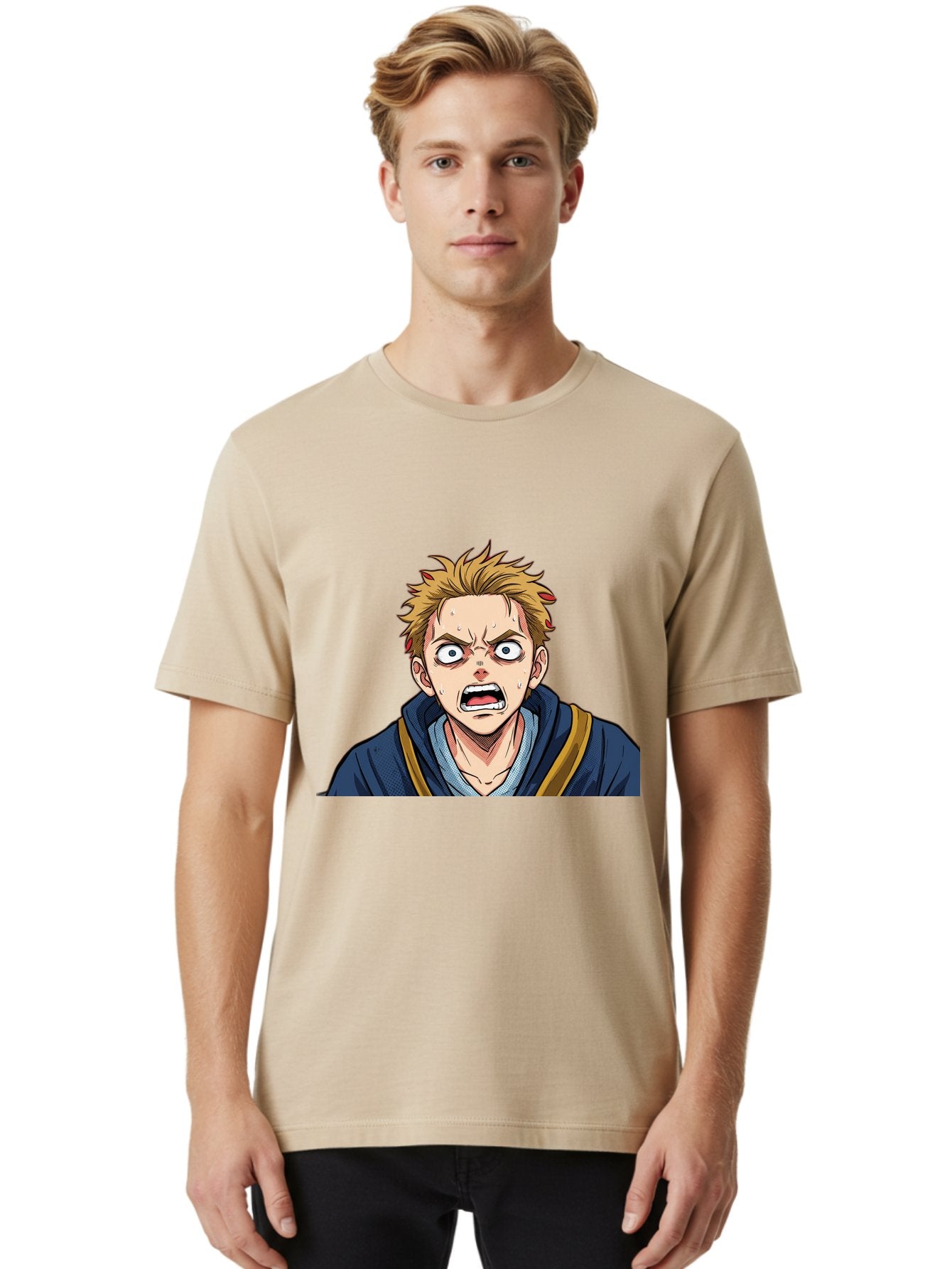 Angry-Anime-Boy Men'S Graphic Tee, 100% Cotton, Comfortable Casual Summer Wear, Machine Washable, Cartoon Character, Young Man, Blond Hair, Blue Hoodie, Shocked Expression, Wide-Eyed, Open-Mouthed, Intense Emotion, Dynamic Pose, Bab644 21