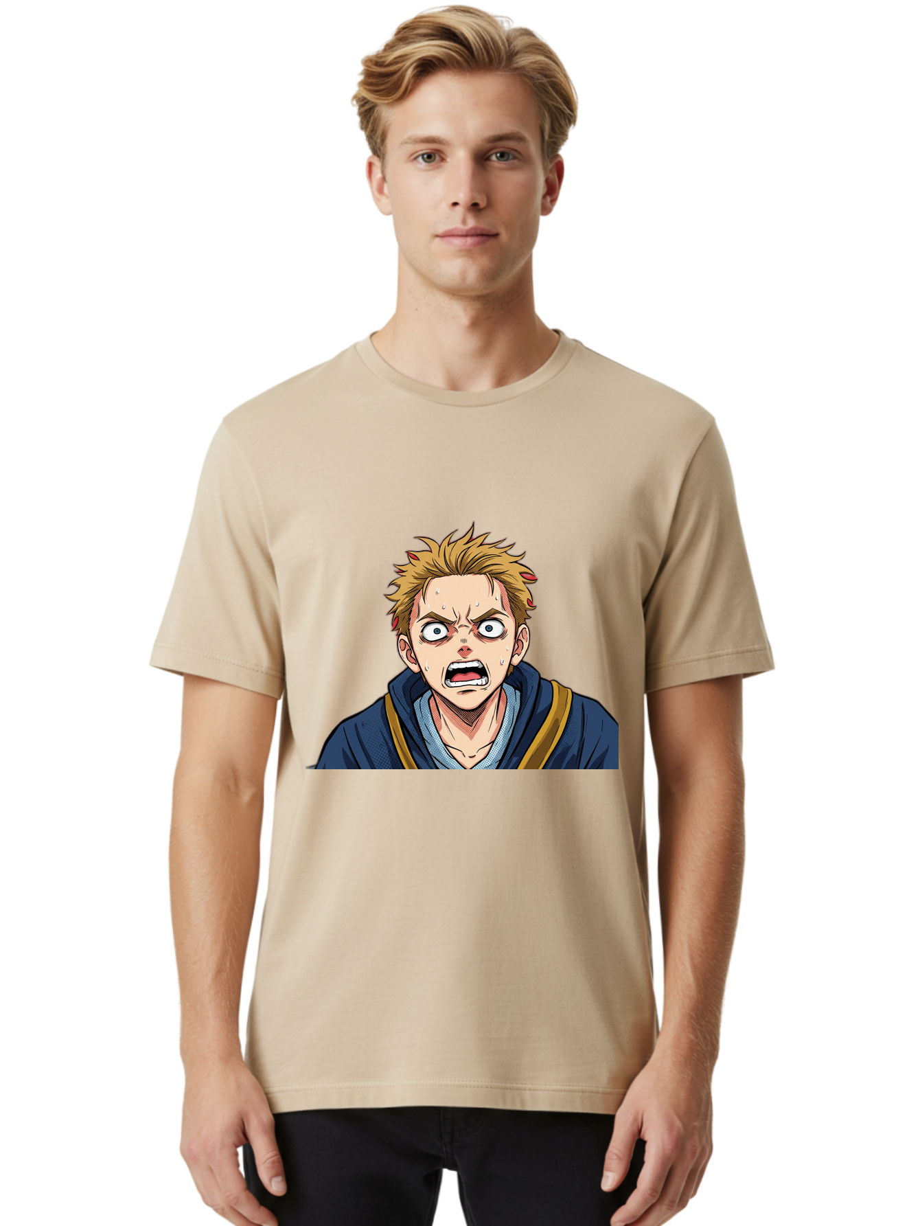 Angry-Anime-Boy Men'S Graphic Tee, 100% Cotton, Comfortable Casual Summer Wear, Machine Washable, Cartoon Character, Young Man, Blond Hair, Blue Hoodie, Shocked Expression, Wide-Eyed, Open-Mouthed, Intense Emotion, Dynamic Pose, Bab644 25