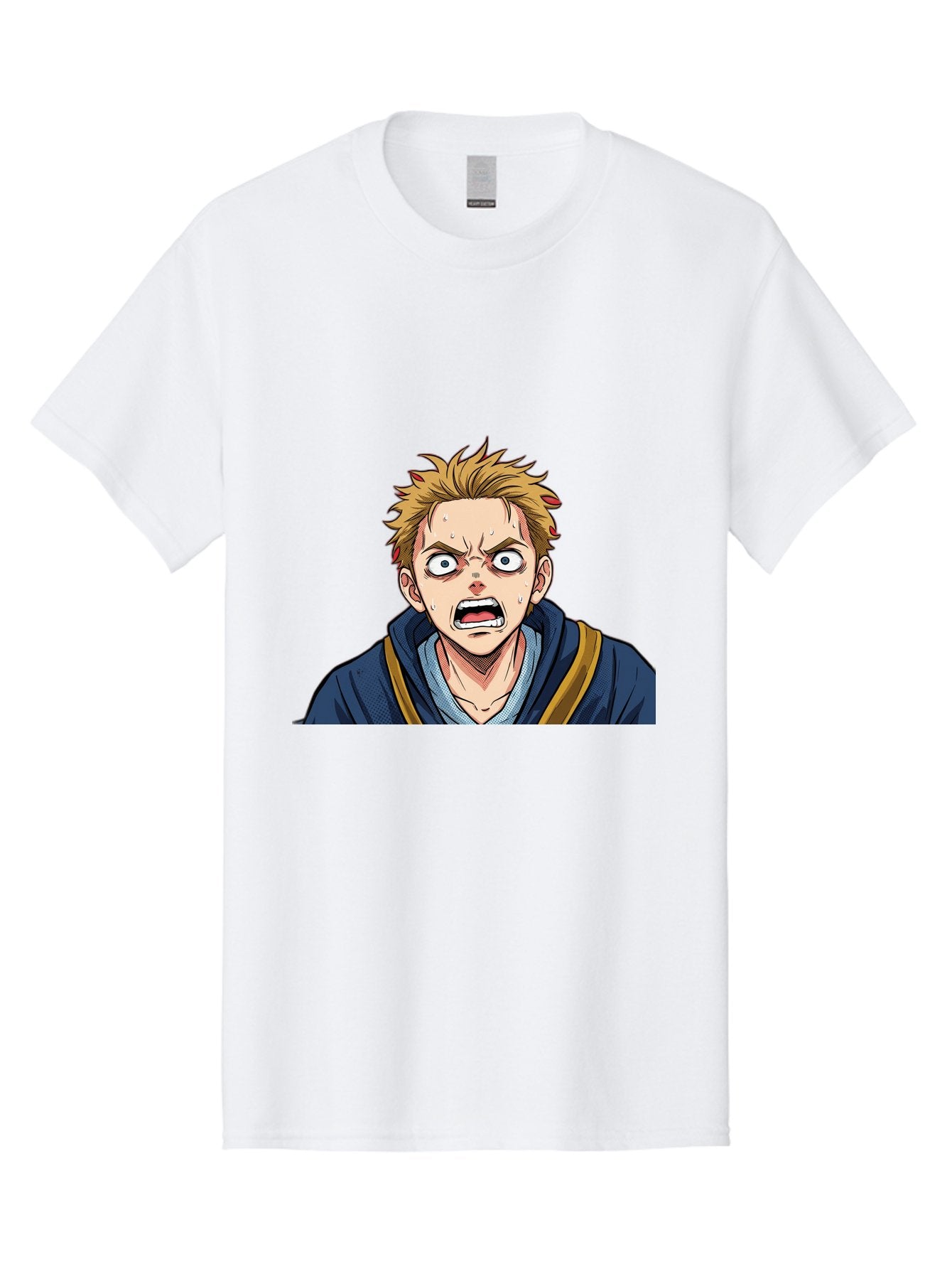 Angry-Anime-Boy Men'S Graphic Tee, 100% Cotton, Comfortable Casual Summer Wear, Machine Washable, Cartoon Character, Young Man, Blond Hair, Blue Hoodie, Shocked Expression, Wide-Eyed, Open-Mouthed, Intense Emotion, Dynamic Pose, Bab644 11