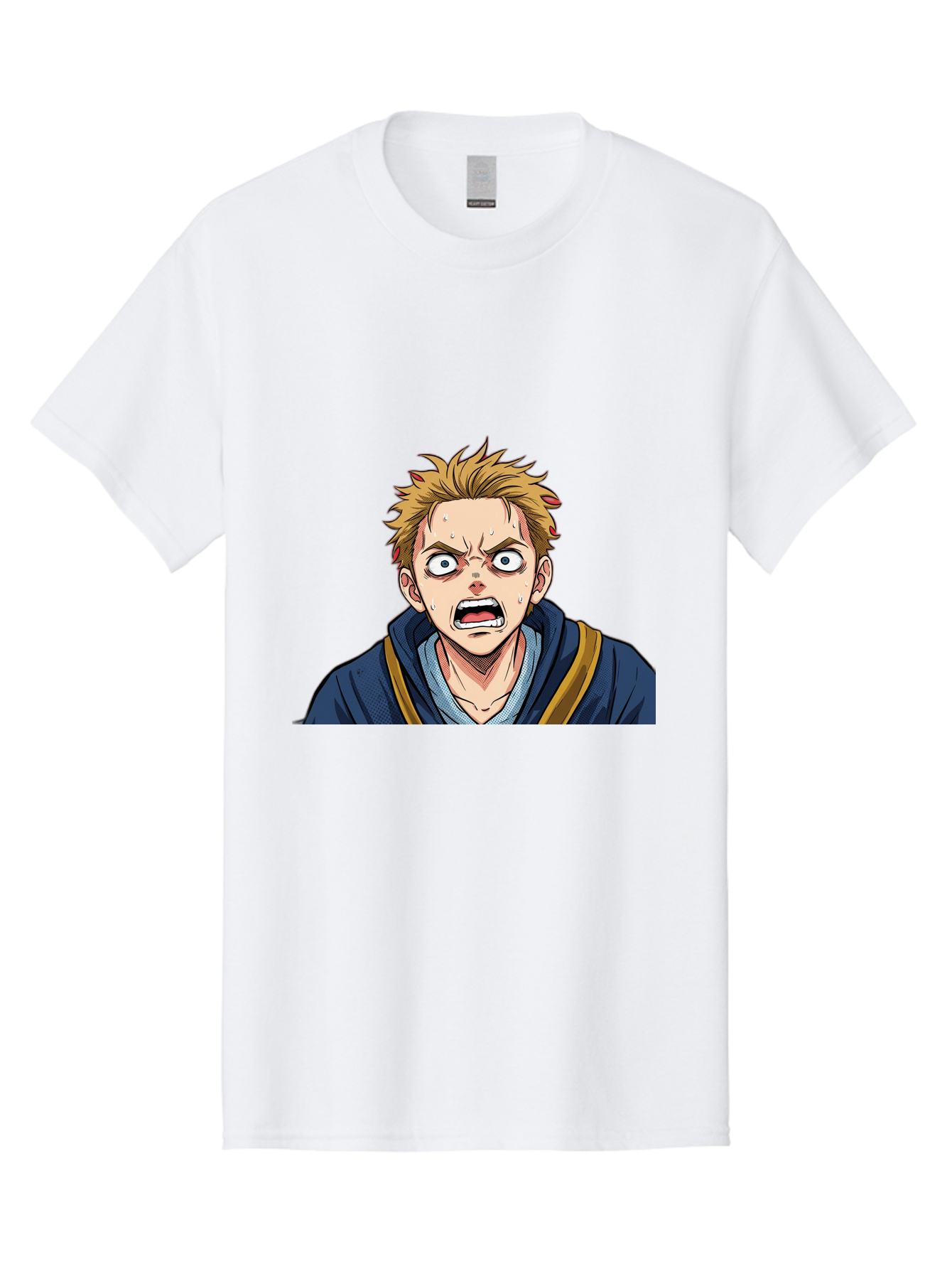 Angry-Anime-Boy Men'S Graphic Tee, 100% Cotton, Comfortable Casual Summer Wear, Machine Washable, Cartoon Character, Young Man, Blond Hair, Blue Hoodie, Shocked Expression, Wide-Eyed, Open-Mouthed, Intense Emotion, Dynamic Pose, Bab644 4