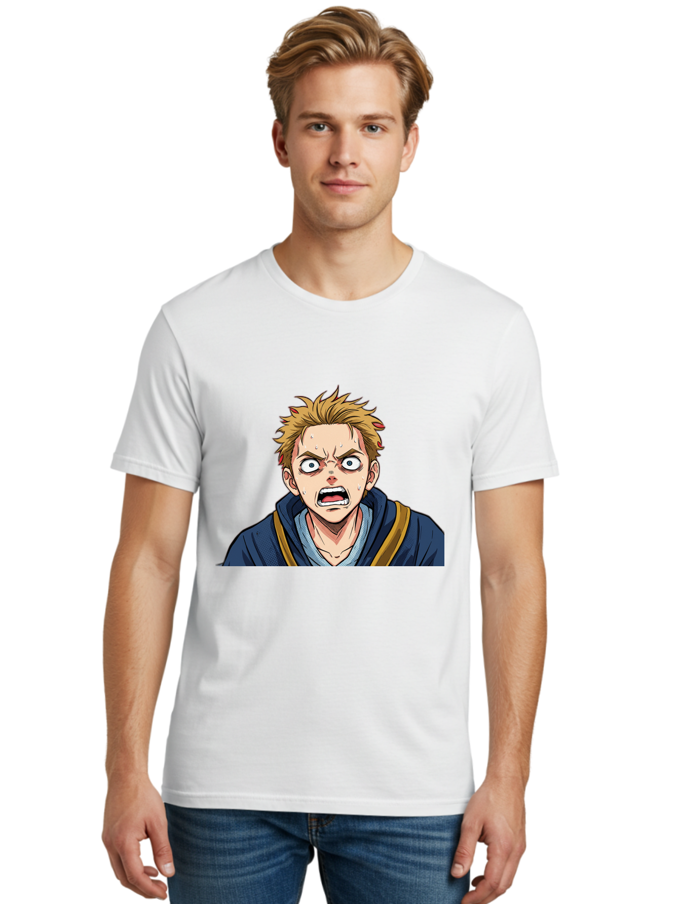 Angry-Anime-Boy Men'S Graphic Tee, 100% Cotton, Comfortable Casual Summer Wear, Machine Washable, Cartoon Character, Young Man, Blond Hair, Blue Hoodie, Shocked Expression, Wide-Eyed, Open-Mouthed, Intense Emotion, Dynamic Pose, Bab644 19