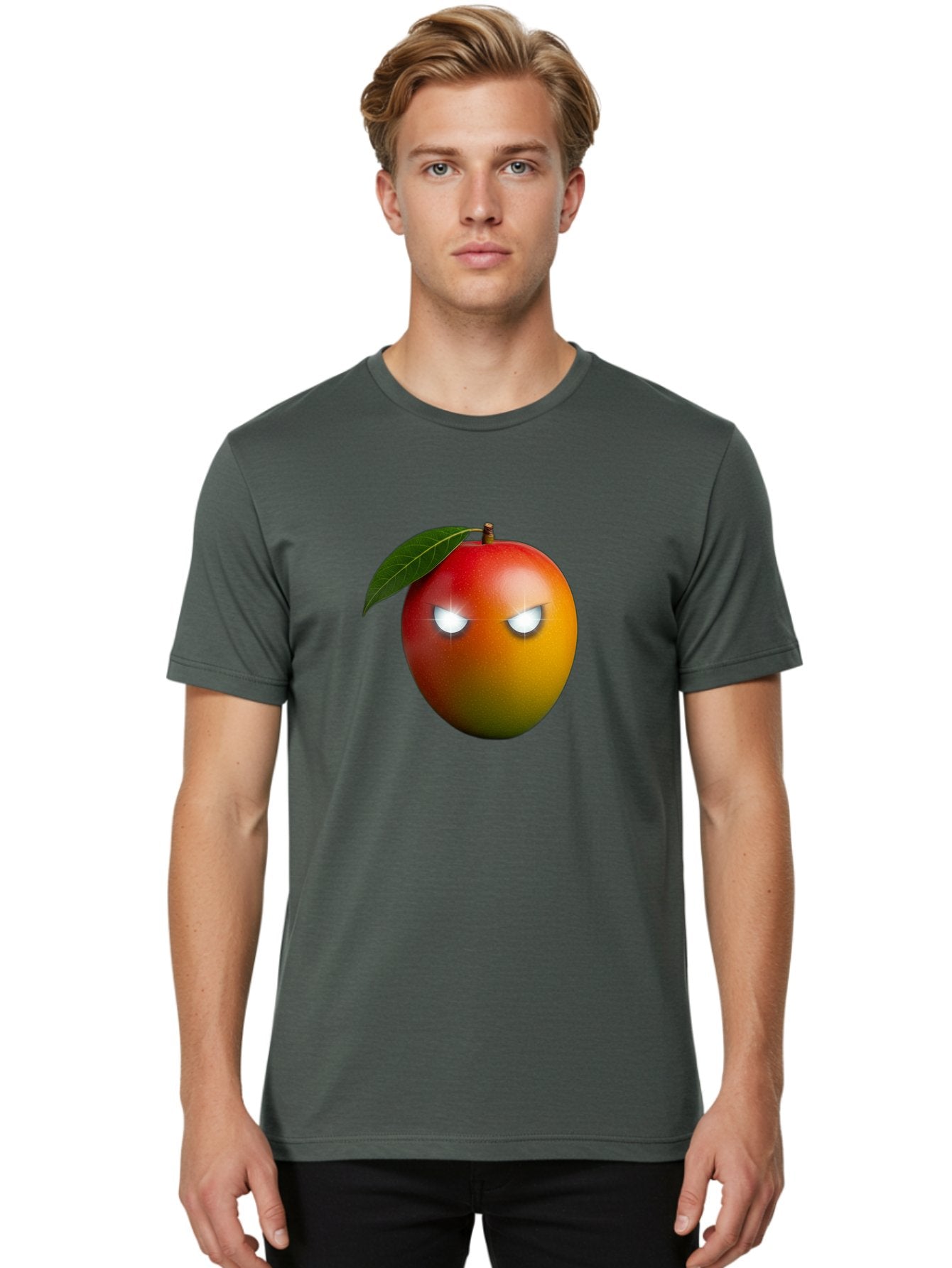 Angry-Mango Men'S Graphic Tee, 100% Cotton, Comfortable Casual Summer Wear, Machine Washable, Angry Mango Face, Mango Fruit, Cartoon Character, Aggressive Expression, Fruit Emoji, Vibrant Colors, Leafy Top, Fun Design, Playful Illustration, Bab647 17