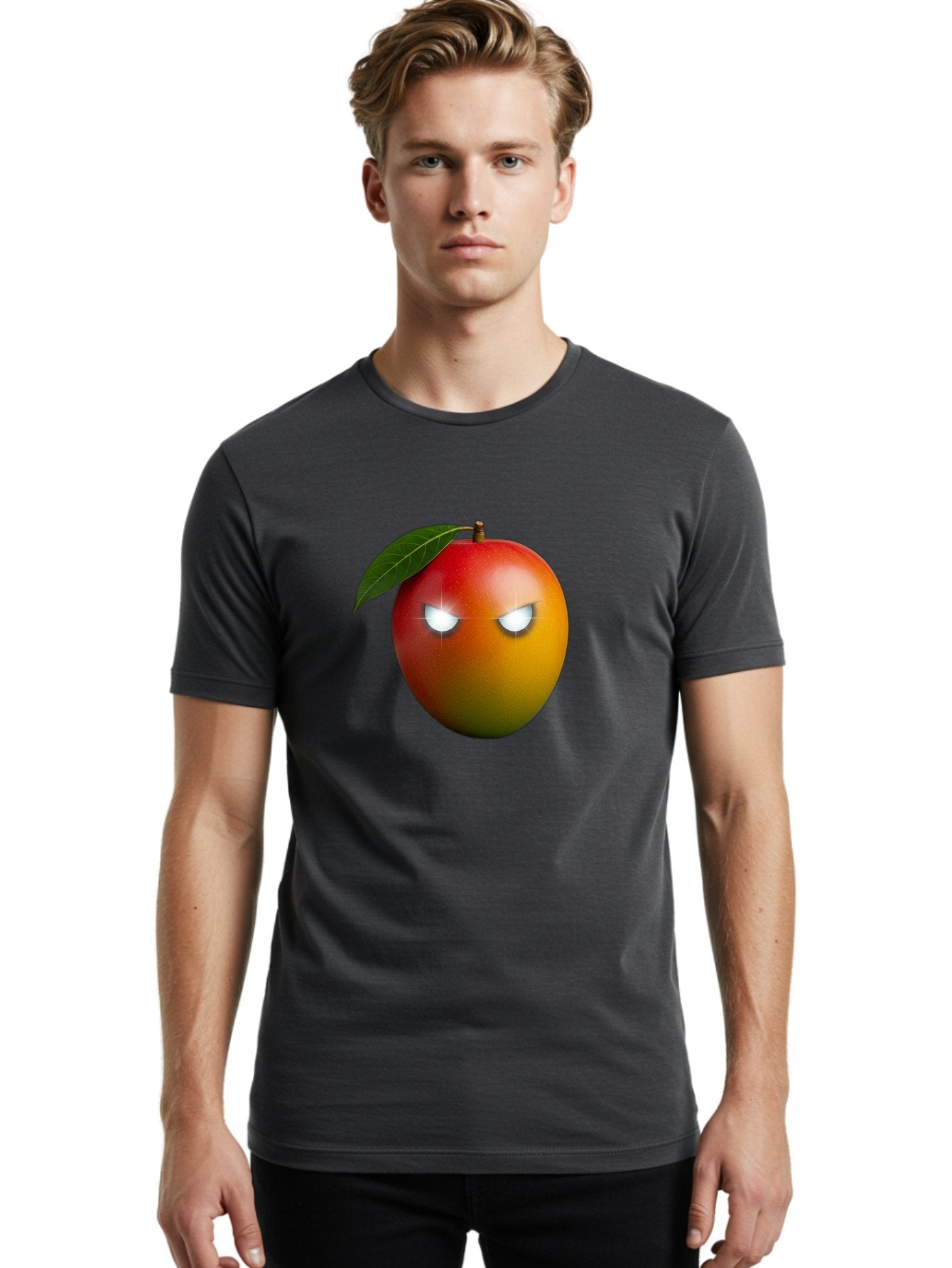 Angry-Mango Men'S Graphic Tee, 100% Cotton, Comfortable Casual Summer Wear, Machine Washable, Angry Mango Face, Mango Fruit, Cartoon Character, Aggressive Expression, Fruit Emoji, Vibrant Colors, Leafy Top, Fun Design, Playful Illustration, Bab647 19