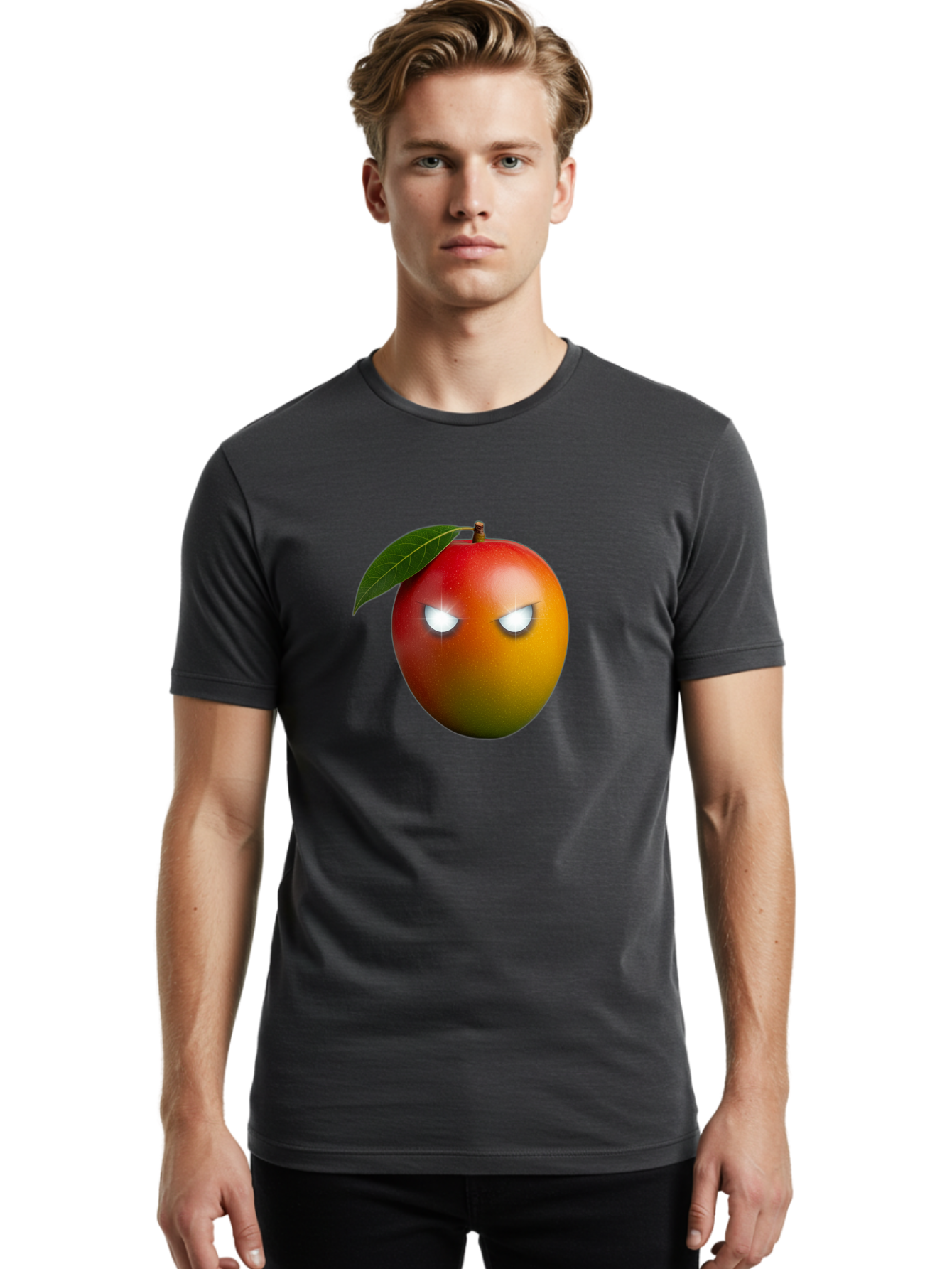 Angry-Mango Men'S Graphic Tee, 100% Cotton, Comfortable Casual Summer Wear, Machine Washable, Angry Mango Face, Mango Fruit, Cartoon Character, Aggressive Expression, Fruit Emoji, Vibrant Colors, Leafy Top, Fun Design, Playful Illustration, Bab647 26