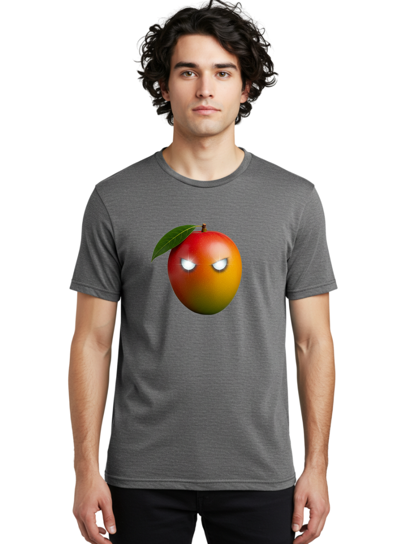 Angry-Mango Men'S Graphic Tee, 100% Cotton, Comfortable Casual Summer Wear, Machine Washable, Angry Mango Face, Mango Fruit, Cartoon Character, Aggressive Expression, Fruit Emoji, Vibrant Colors, Leafy Top, Fun Design, Playful Illustration, Bab647 27