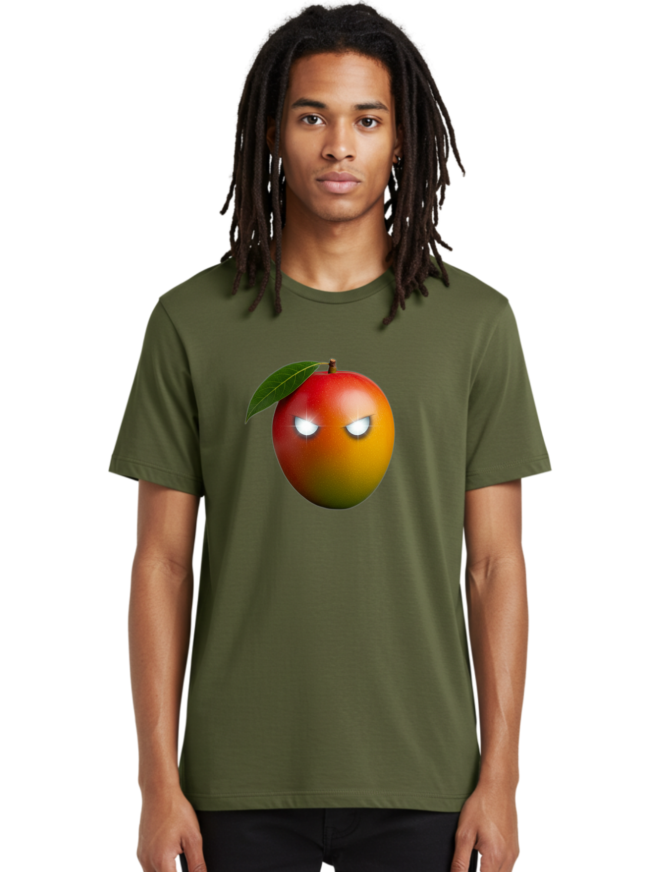 Angry-Mango Men'S Graphic Tee, 100% Cotton, Comfortable Casual Summer Wear, Machine Washable, Angry Mango Face, Mango Fruit, Cartoon Character, Aggressive Expression, Fruit Emoji, Vibrant Colors, Leafy Top, Fun Design, Playful Illustration, Bab647 24