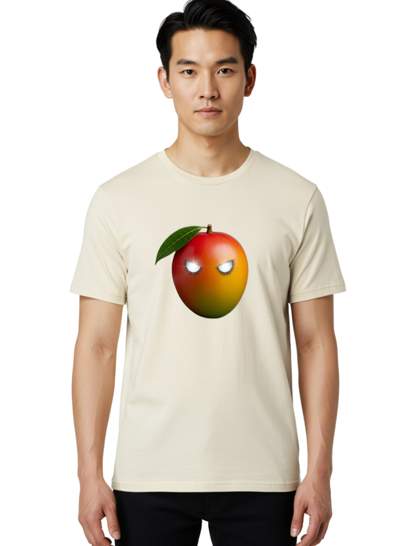 Angry-Mango Men'S Graphic Tee, 100% Cotton, Comfortable Casual Summer Wear, Machine Washable, Angry Mango Face, Mango Fruit, Cartoon Character, Aggressive Expression, Fruit Emoji, Vibrant Colors, Leafy Top, Fun Design, Playful Illustration, Bab647 25