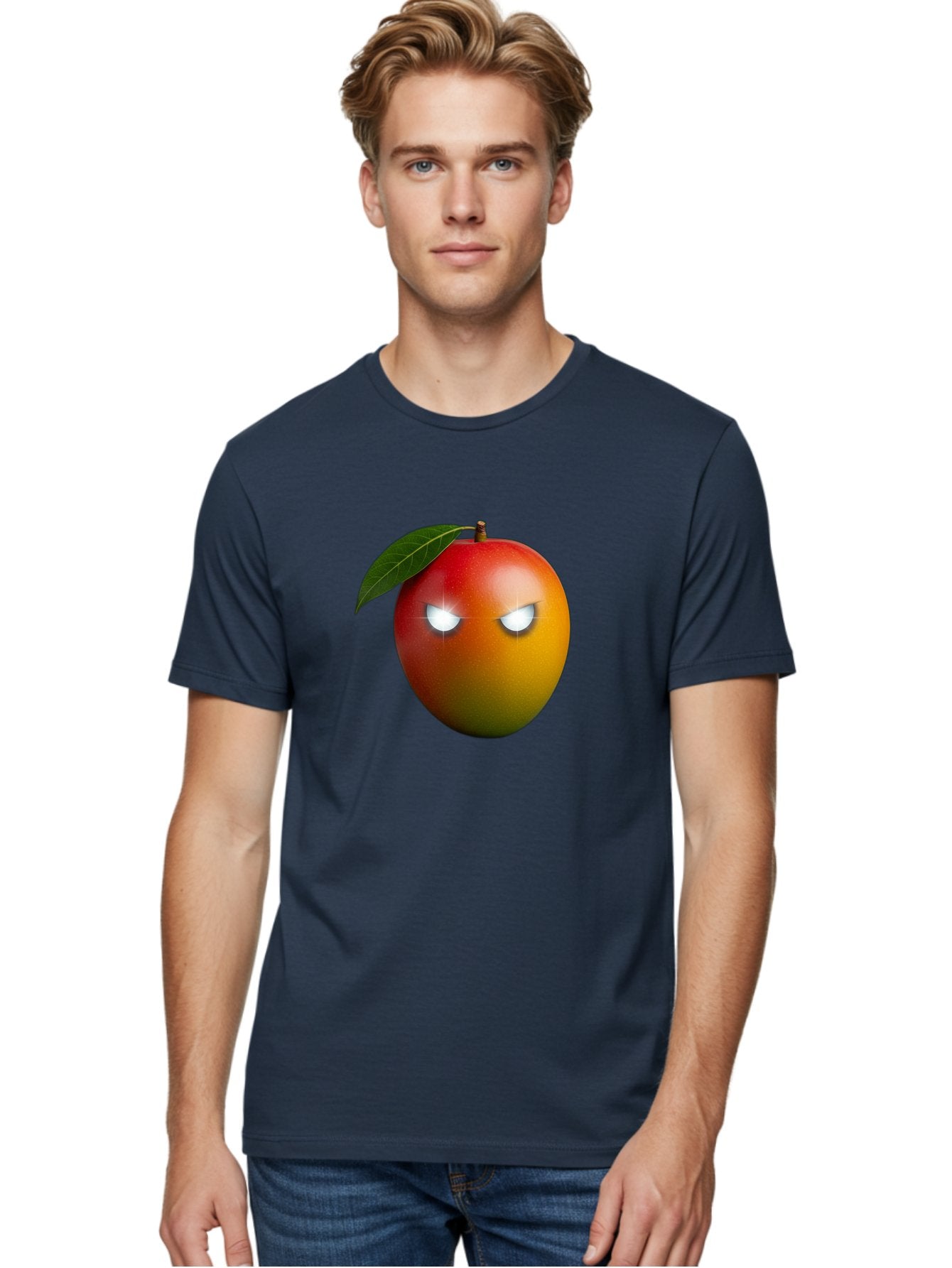 Angry-Mango Men'S Graphic Tee, 100% Cotton, Comfortable Casual Summer Wear, Machine Washable, Angry Mango Face, Mango Fruit, Cartoon Character, Aggressive Expression, Fruit Emoji, Vibrant Colors, Leafy Top, Fun Design, Playful Illustration, Bab647 25