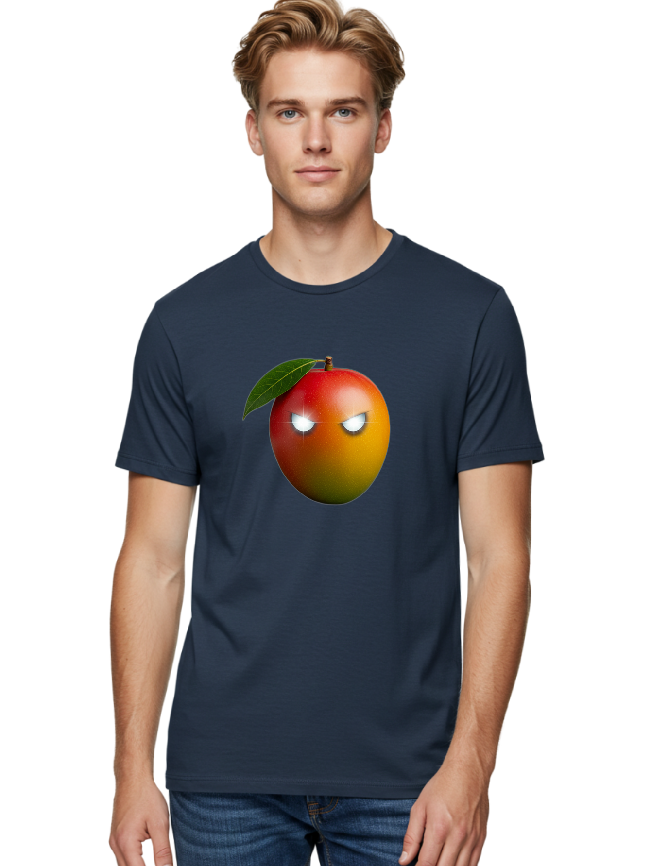 Angry-Mango Men'S Graphic Tee, 100% Cotton, Comfortable Casual Summer Wear, Machine Washable, Angry Mango Face, Mango Fruit, Cartoon Character, Aggressive Expression, Fruit Emoji, Vibrant Colors, Leafy Top, Fun Design, Playful Illustration, Bab647 21