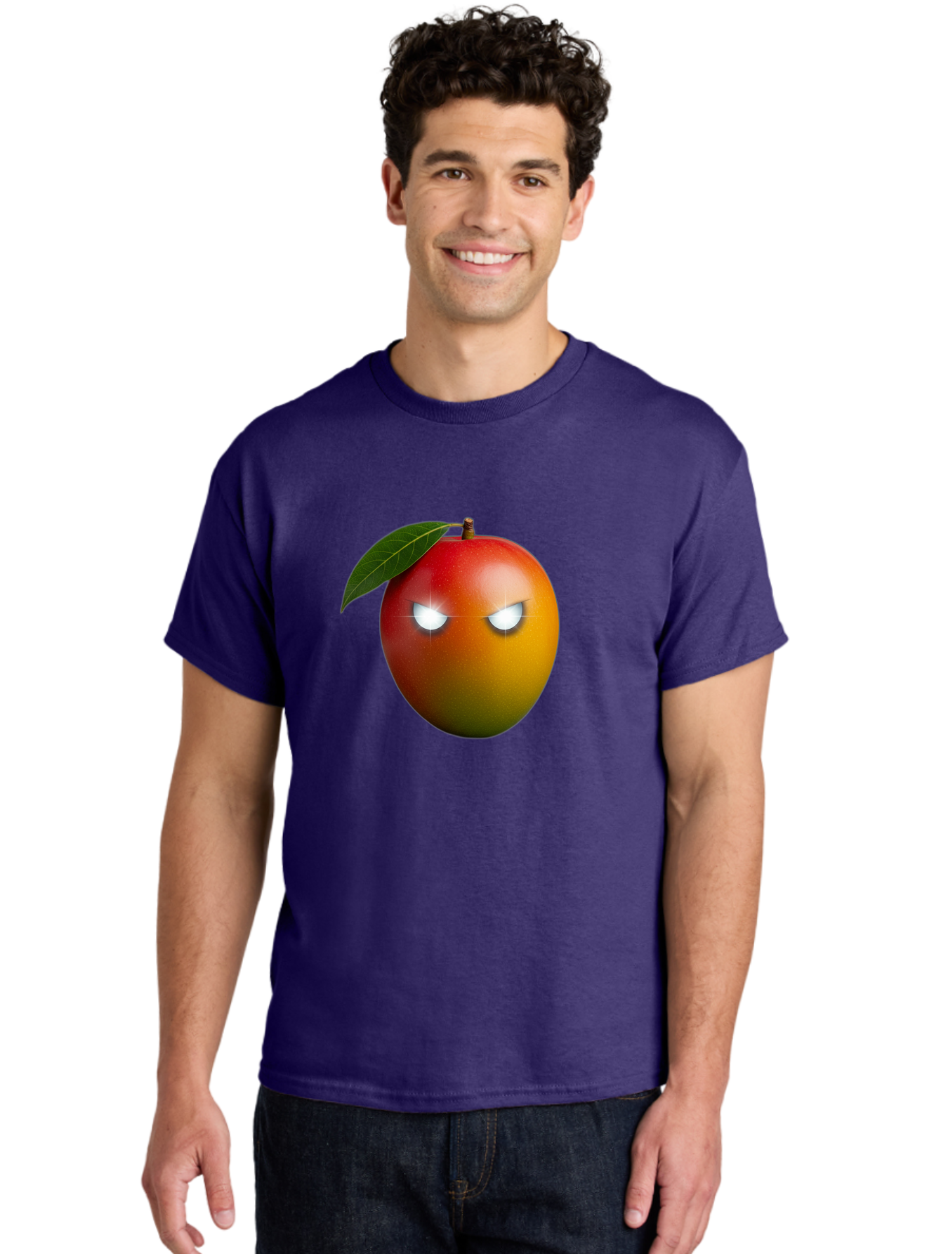 Angry-Mango Men'S Graphic Tee, 100% Cotton, Comfortable Casual Summer Wear, Machine Washable, Angry Mango Face, Mango Fruit, Cartoon Character, Aggressive Expression, Fruit Emoji, Vibrant Colors, Leafy Top, Fun Design, Playful Illustration, Bab647 23