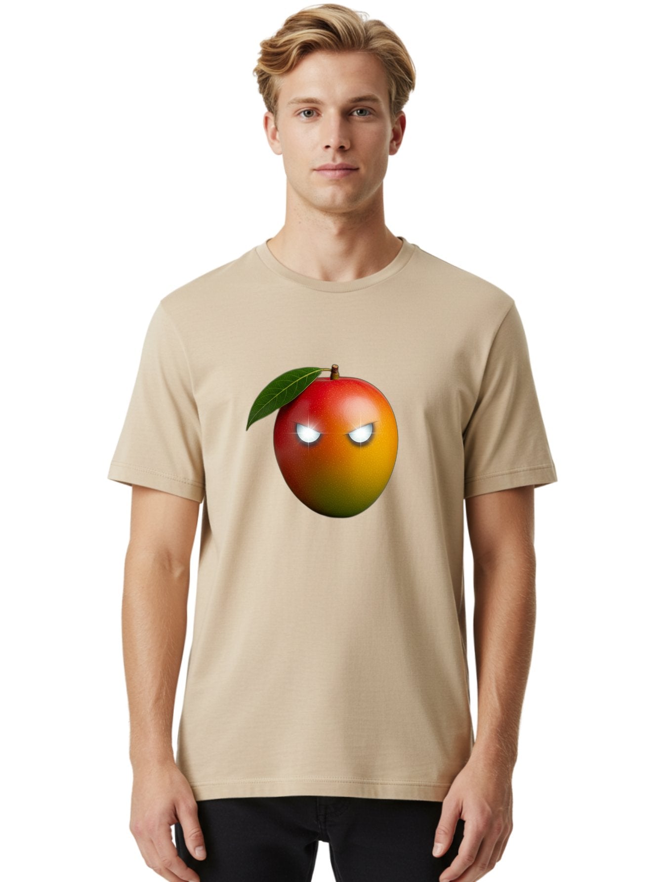Angry-Mango Men'S Graphic Tee, 100% Cotton, Comfortable Casual Summer Wear, Machine Washable, Angry Mango Face, Mango Fruit, Cartoon Character, Aggressive Expression, Fruit Emoji, Vibrant Colors, Leafy Top, Fun Design, Playful Illustration, Bab647 27