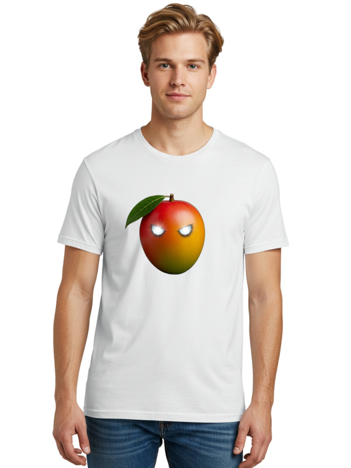 Angry-Mango Men'S Graphic Tee, 100% Cotton, Comfortable Casual Summer Wear, Machine Washable, Angry Mango Face, Mango Fruit, Cartoon Character, Aggressive Expression, Fruit Emoji, Vibrant Colors, Leafy Top, Fun Design, Playful Illustration, Bab647 24