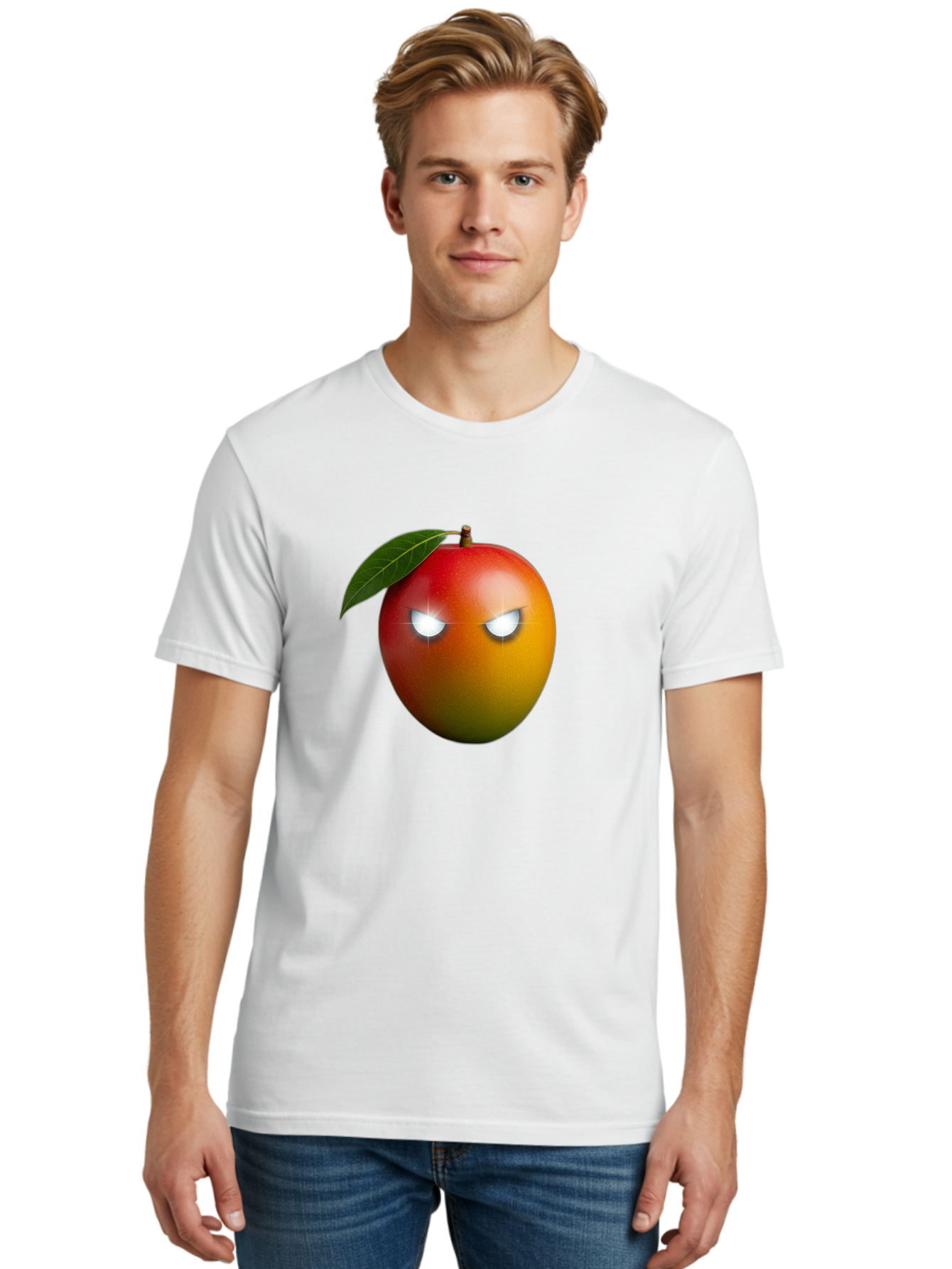 Angry-Mango Men'S Graphic Tee, 100% Cotton, Comfortable Casual Summer Wear, Machine Washable, Angry Mango Face, Mango Fruit, Cartoon Character, Aggressive Expression, Fruit Emoji, Vibrant Colors, Leafy Top, Fun Design, Playful Illustration, Bab647 22