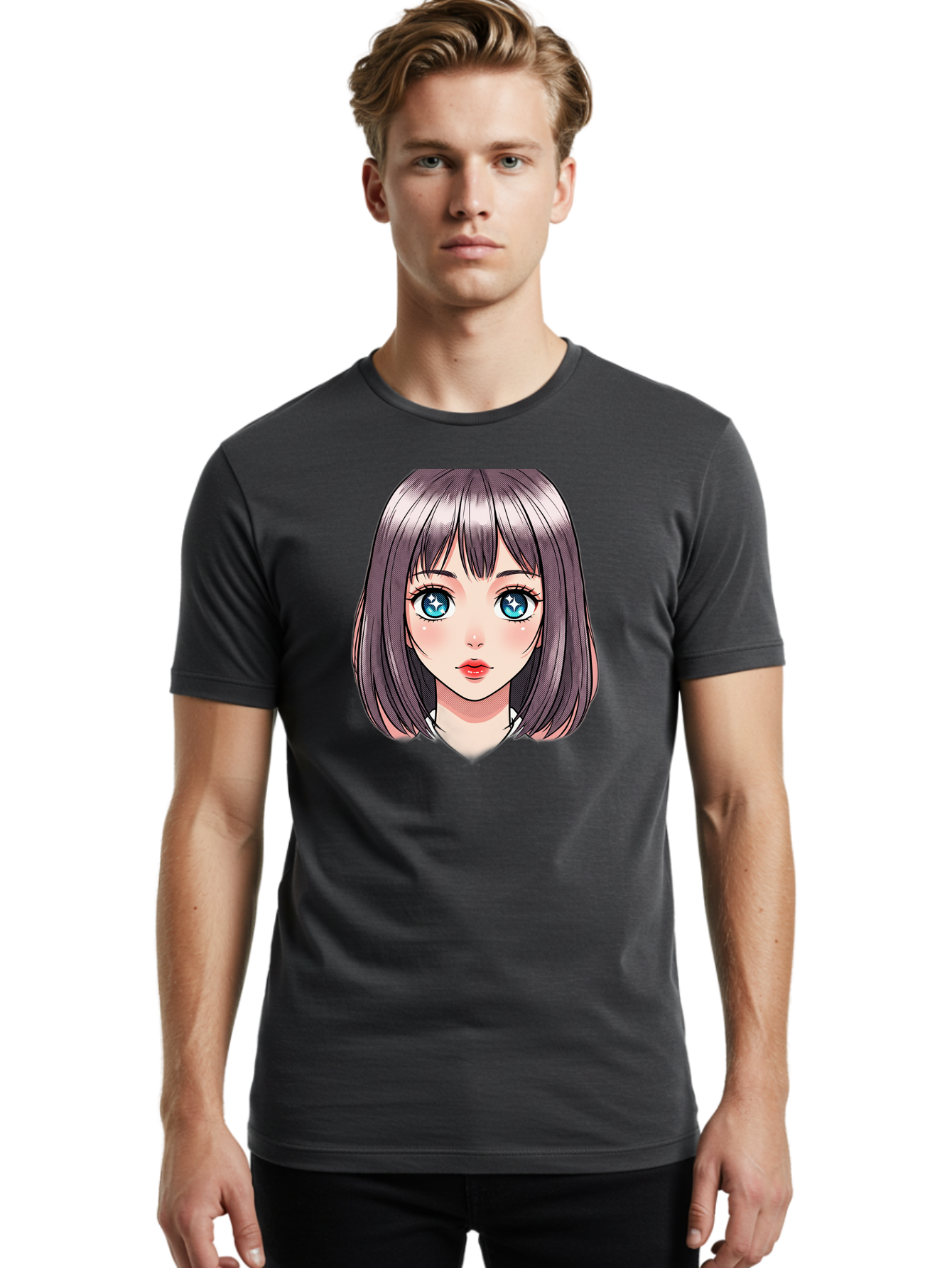 Anime-Girl Men'S Graphic Tee, 100% Cotton, Comfortable Casual Summer Wear, Machine Washable, Anime Girl, Manga Style, Blue Eyes, Short Hair, Bangs, Cartoon Character, Vibrant Colors, Kawaii Art, Digital Illustration, Young Female Character, Bab648 30