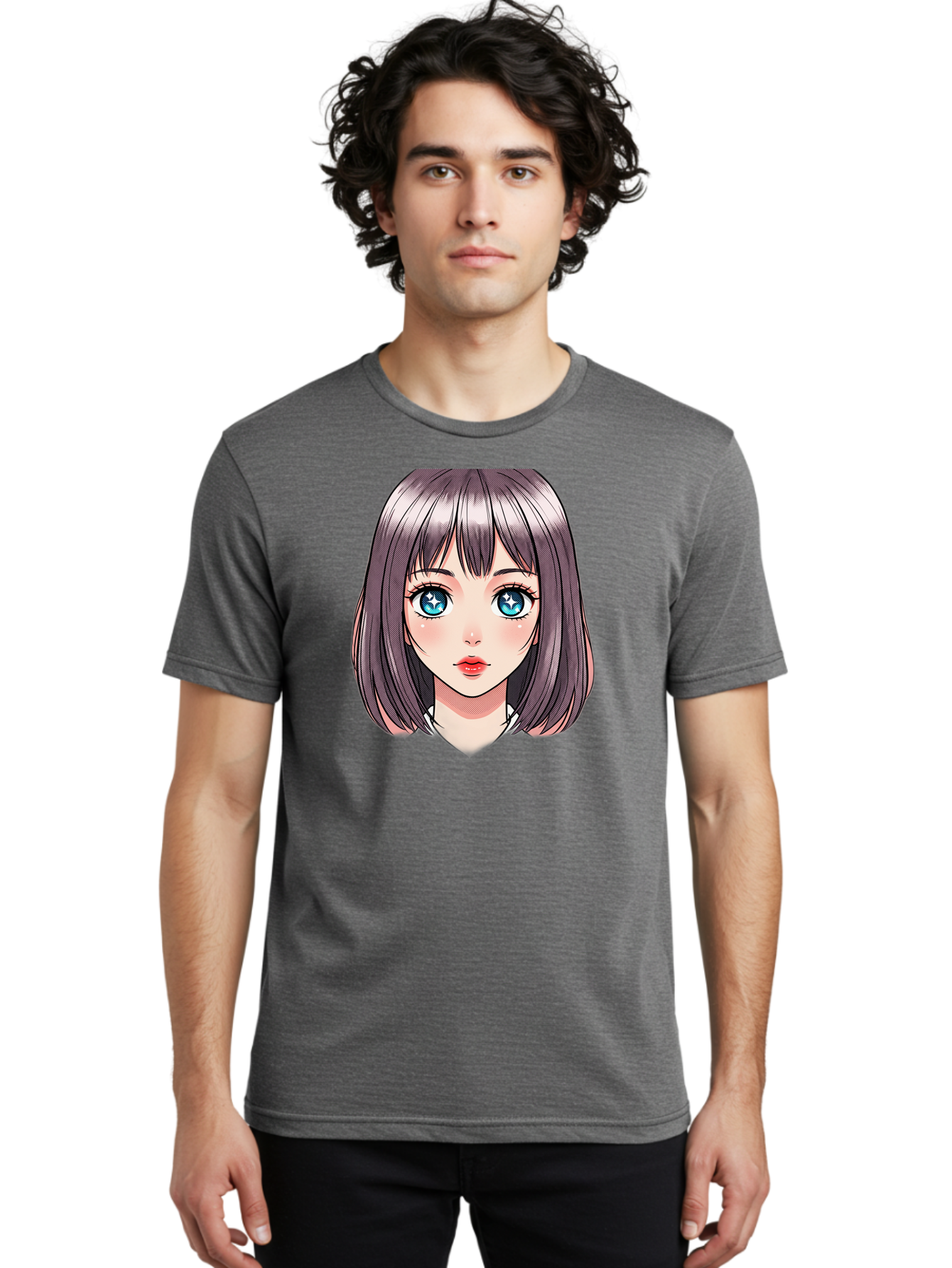 Anime-Girl Men'S Graphic Tee, 100% Cotton, Comfortable Casual Summer Wear, Machine Washable, Anime Girl, Manga Style, Blue Eyes, Short Hair, Bangs, Cartoon Character, Vibrant Colors, Kawaii Art, Digital Illustration, Young Female Character, Bab648 18
