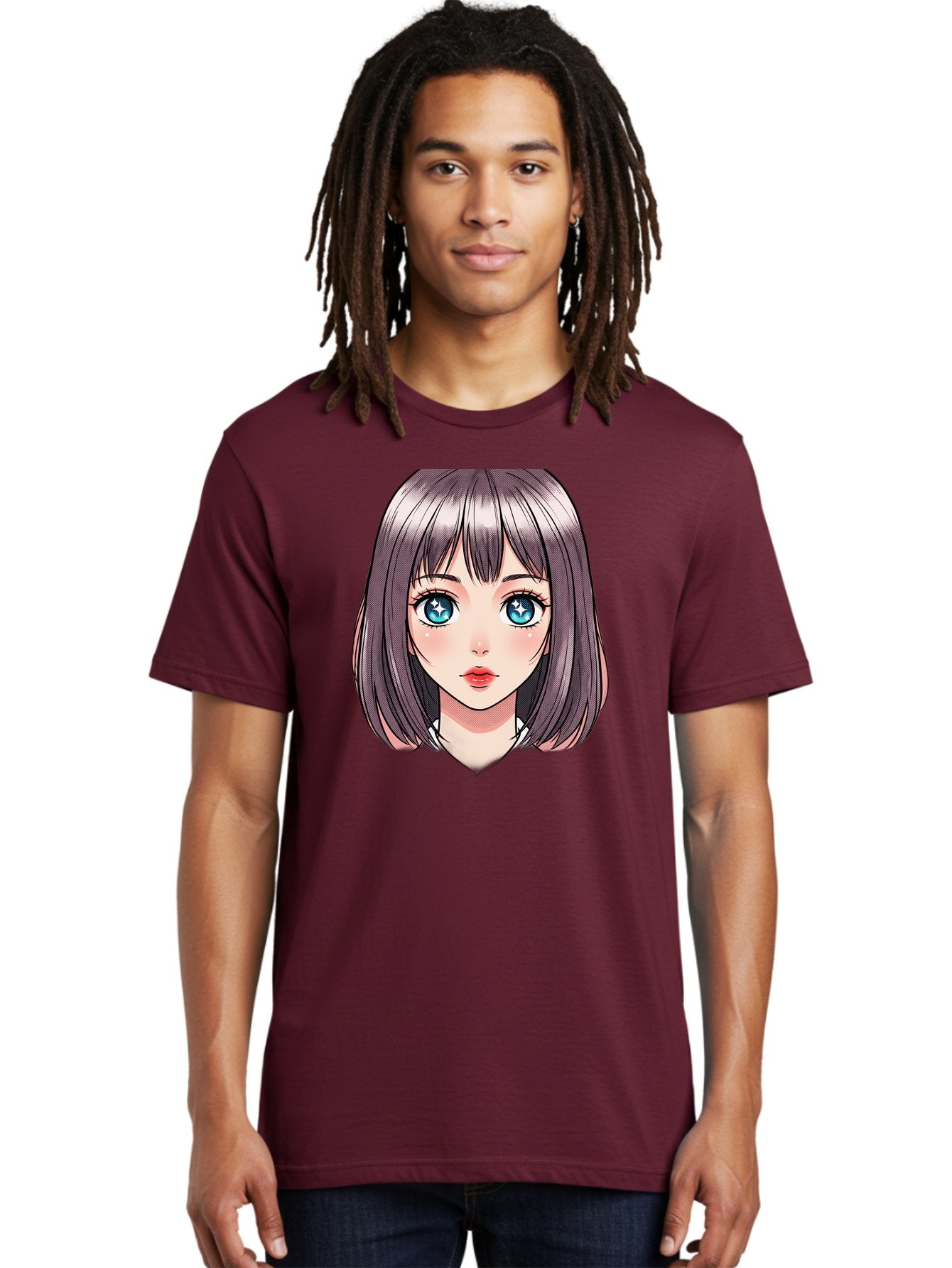 Anime-Girl Men'S Graphic Tee, 100% Cotton, Comfortable Casual Summer Wear, Machine Washable, Anime Girl, Manga Style, Blue Eyes, Short Hair, Bangs, Cartoon Character, Vibrant Colors, Kawaii Art, Digital Illustration, Young Female Character, Bab648 27