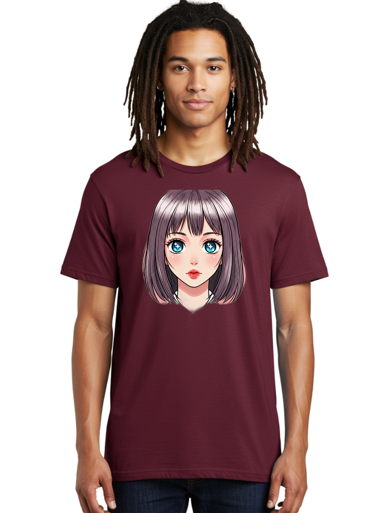 Anime-Girl Men'S Graphic Tee, 100% Cotton, Comfortable Casual Summer Wear, Machine Washable, Anime Girl, Manga Style, Blue Eyes, Short Hair, Bangs, Cartoon Character, Vibrant Colors, Kawaii Art, Digital Illustration, Young Female Character, Bab648 19