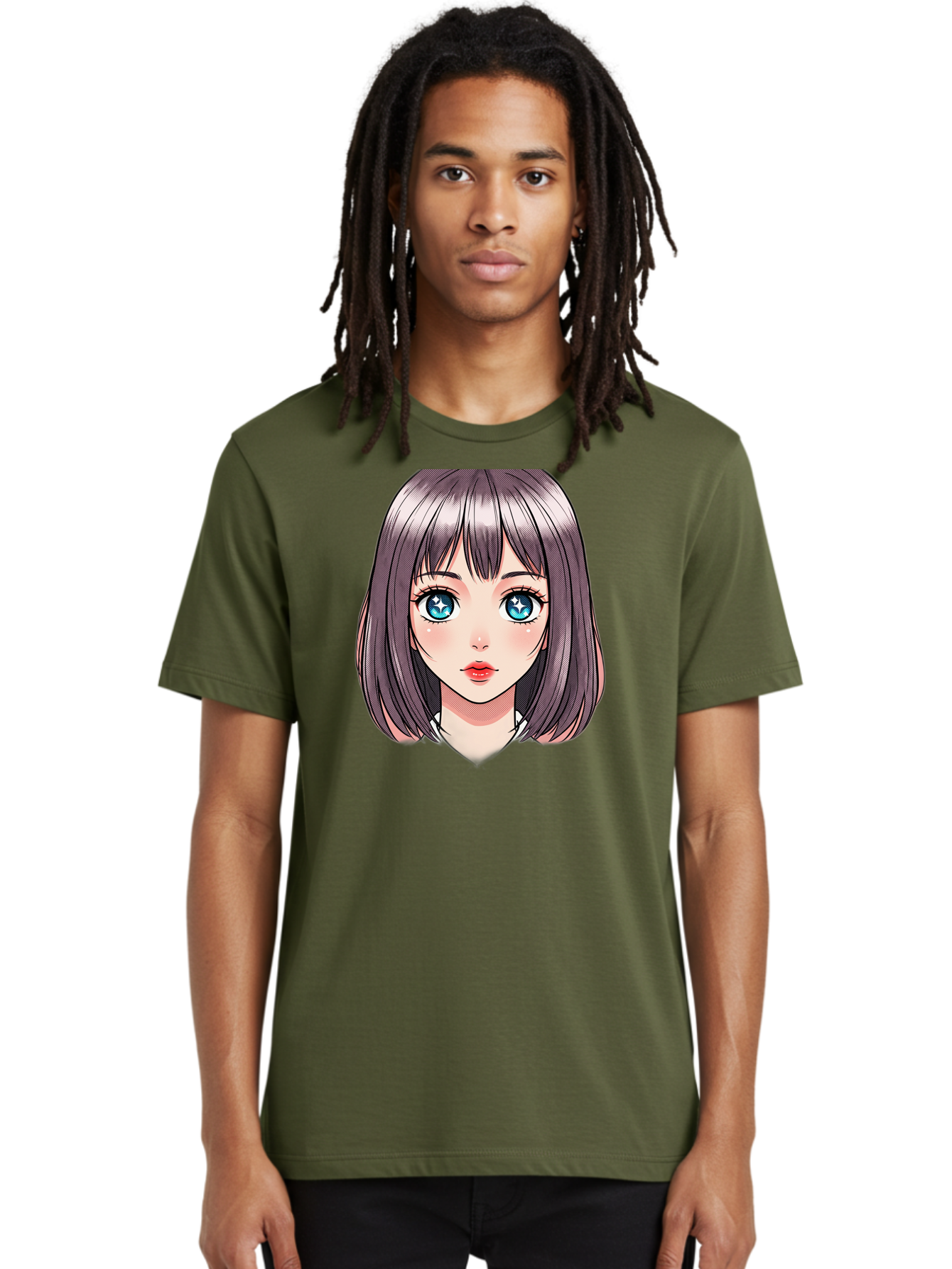 Anime-Girl Men'S Graphic Tee, 100% Cotton, Comfortable Casual Summer Wear, Machine Washable, Anime Girl, Manga Style, Blue Eyes, Short Hair, Bangs, Cartoon Character, Vibrant Colors, Kawaii Art, Digital Illustration, Young Female Character, Bab648 26