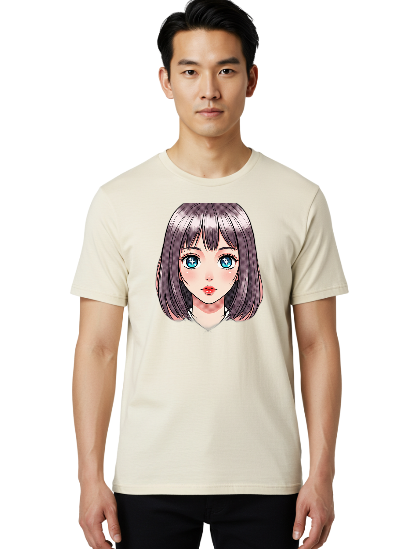 Anime-Girl Men'S Graphic Tee, 100% Cotton, Comfortable Casual Summer Wear, Machine Washable, Anime Girl, Manga Style, Blue Eyes, Short Hair, Bangs, Cartoon Character, Vibrant Colors, Kawaii Art, Digital Illustration, Young Female Character, Bab648 20