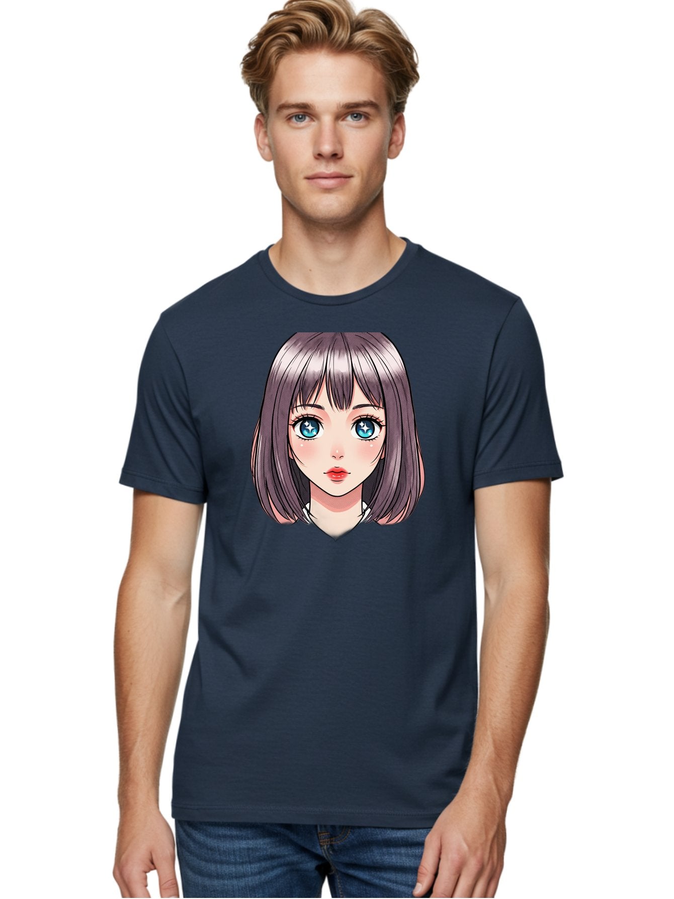 Anime-Girl Men'S Graphic Tee, 100% Cotton, Comfortable Casual Summer Wear, Machine Washable, Anime Girl, Manga Style, Blue Eyes, Short Hair, Bangs, Cartoon Character, Vibrant Colors, Kawaii Art, Digital Illustration, Young Female Character, Bab648 16