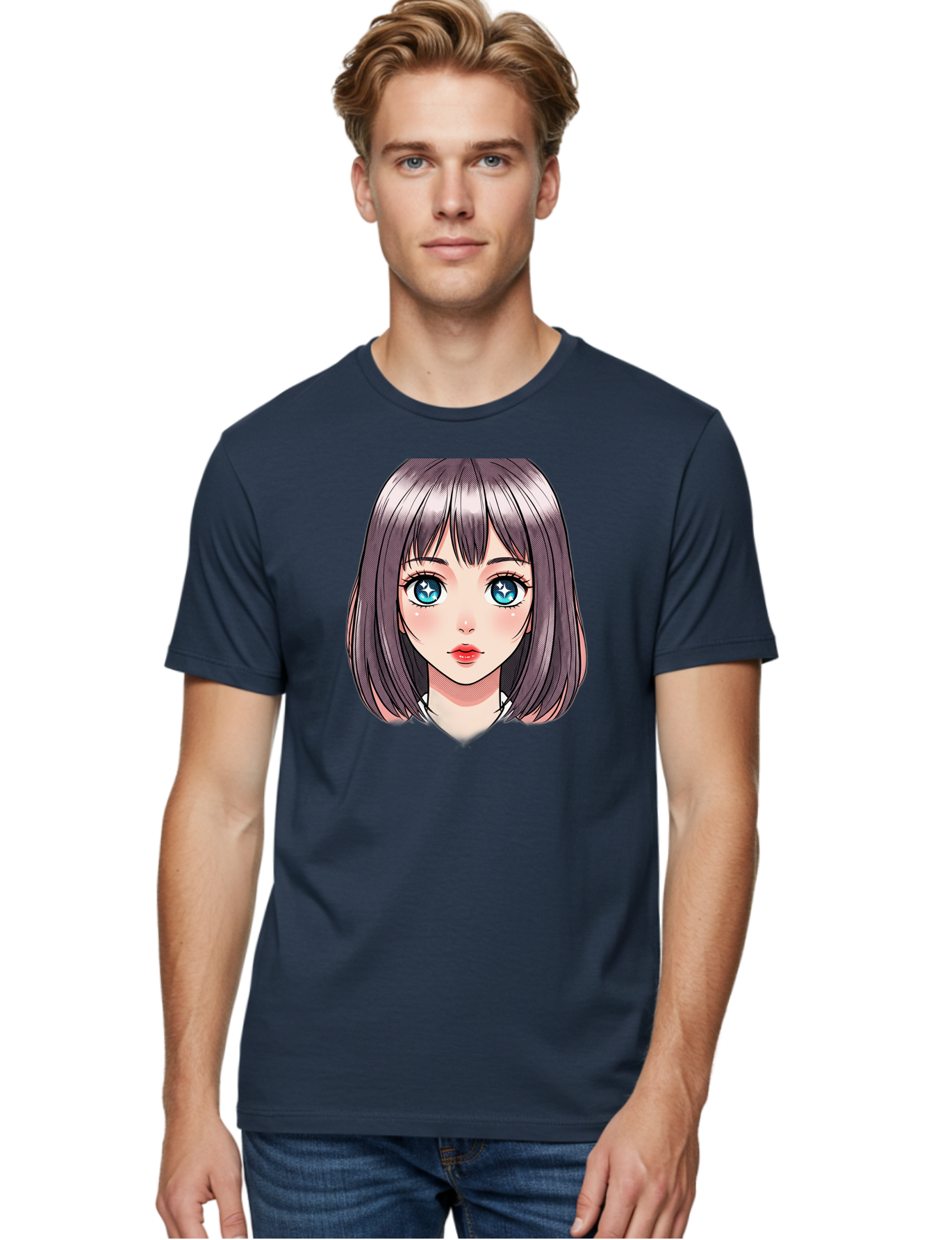 Anime-Girl Men'S Graphic Tee, 100% Cotton, Comfortable Casual Summer Wear, Machine Washable, Anime Girl, Manga Style, Blue Eyes, Short Hair, Bangs, Cartoon Character, Vibrant Colors, Kawaii Art, Digital Illustration, Young Female Character, Bab648 28