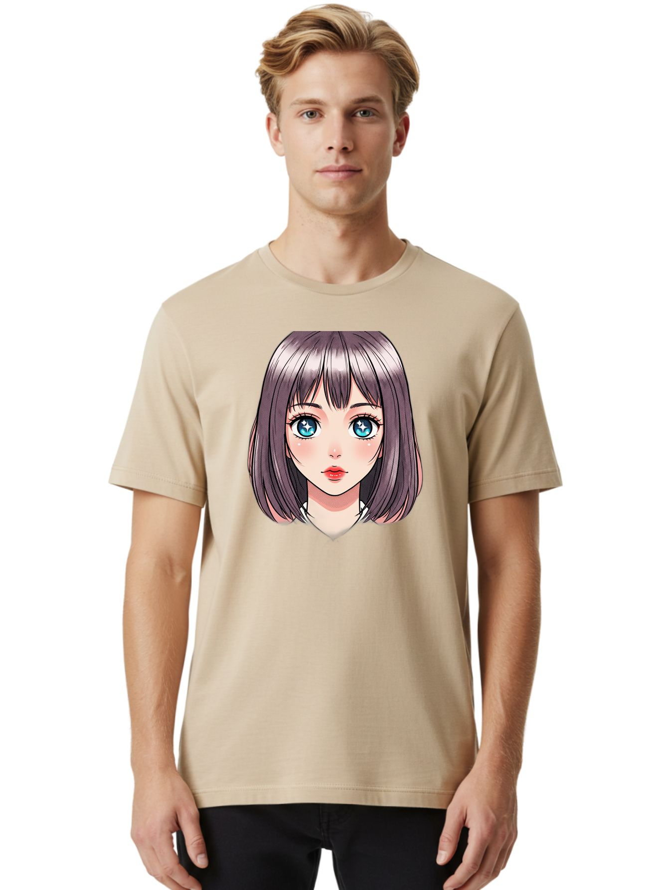 Anime-Girl Men'S Graphic Tee, 100% Cotton, Comfortable Casual Summer Wear, Machine Washable, Anime Girl, Manga Style, Blue Eyes, Short Hair, Bangs, Cartoon Character, Vibrant Colors, Kawaii Art, Digital Illustration, Young Female Character, Bab648 27