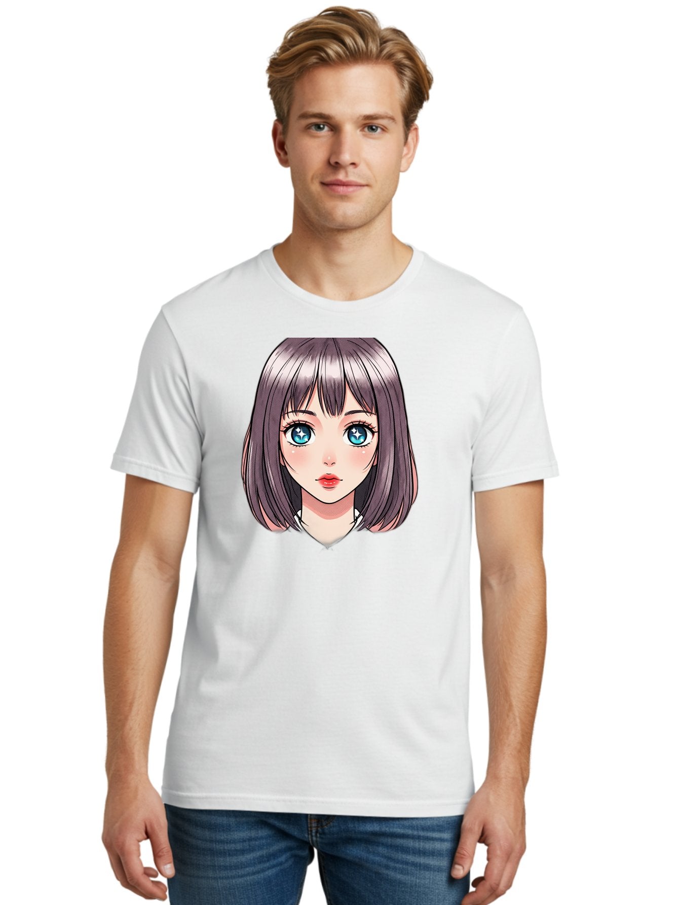 Anime-Girl Men'S Graphic Tee, 100% Cotton, Comfortable Casual Summer Wear, Machine Washable, Anime Girl, Manga Style, Blue Eyes, Short Hair, Bangs, Cartoon Character, Vibrant Colors, Kawaii Art, Digital Illustration, Young Female Character, Bab648 30