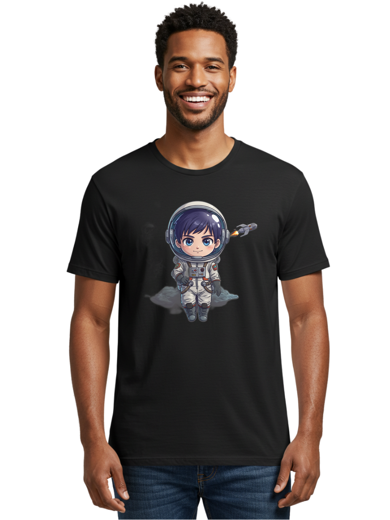 Astronaut-Boy Men'S Graphic Tee, 100% Cotton, Comfortable Casual Summer Wear, Machine Washable, Cartoon Astronaut, Chibi Character, Space Suit, Helmet, Blue Eyes, Dark Hair, Rocket Pack, Adventure, Cartoon Style, Kawaii Art, Futuristic, Bab649 23