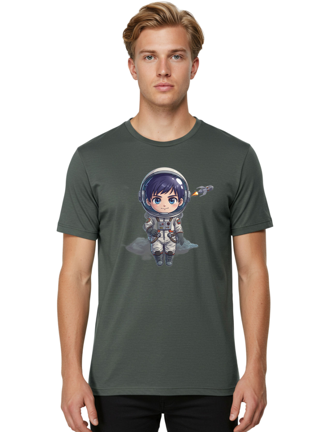 Astronaut-Boy Men'S Graphic Tee, 100% Cotton, Comfortable Casual Summer Wear, Machine Washable, Cartoon Astronaut, Chibi Character, Space Suit, Helmet, Blue Eyes, Dark Hair, Rocket Pack, Adventure, Cartoon Style, Kawaii Art, Futuristic, Bab649 16