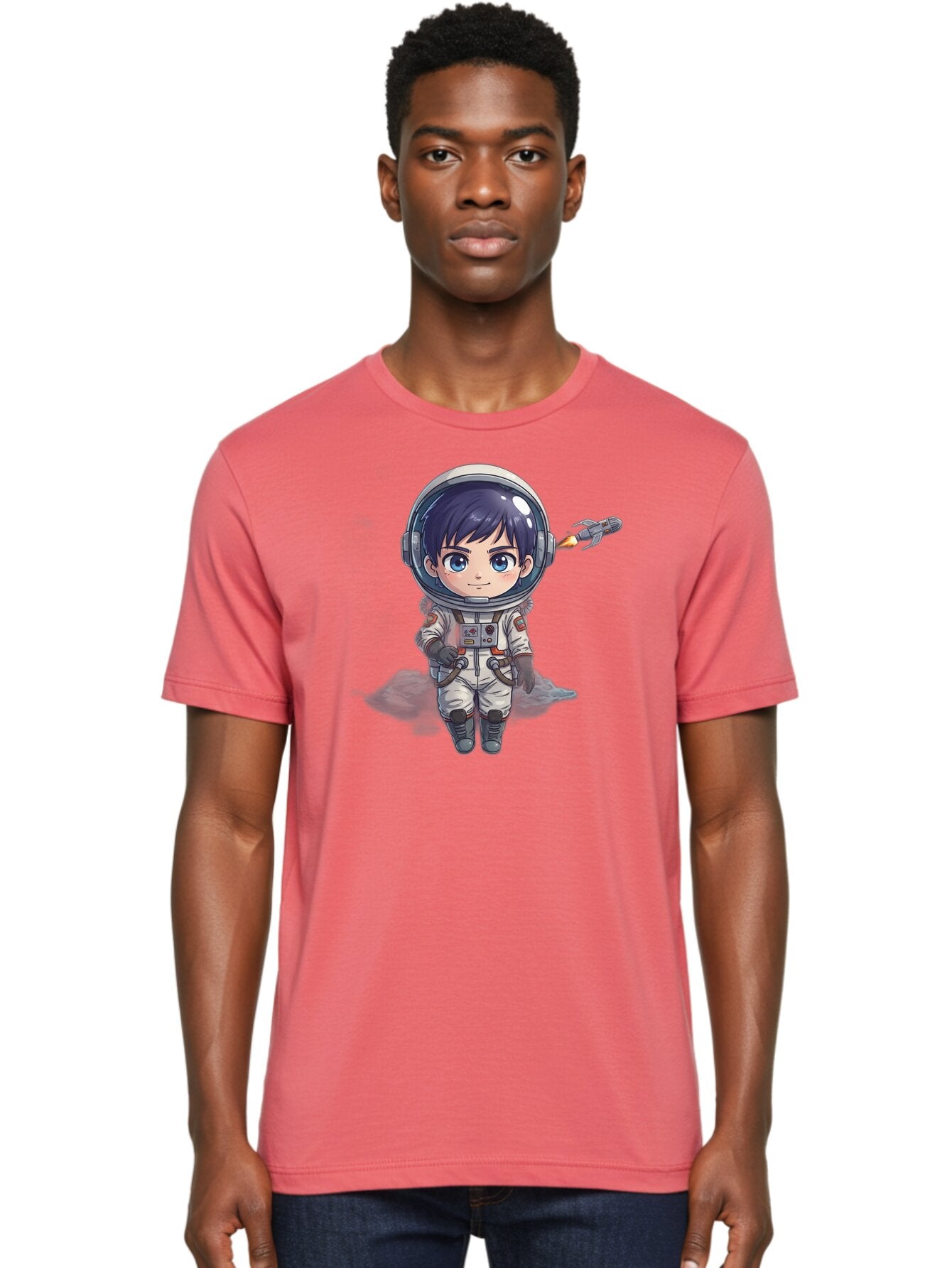 Astronaut-Boy Men'S Graphic Tee, 100% Cotton, Comfortable Casual Summer Wear, Machine Washable, Cartoon Astronaut, Chibi Character, Space Suit, Helmet, Blue Eyes, Dark Hair, Rocket Pack, Adventure, Cartoon Style, Kawaii Art, Futuristic, Bab649 24